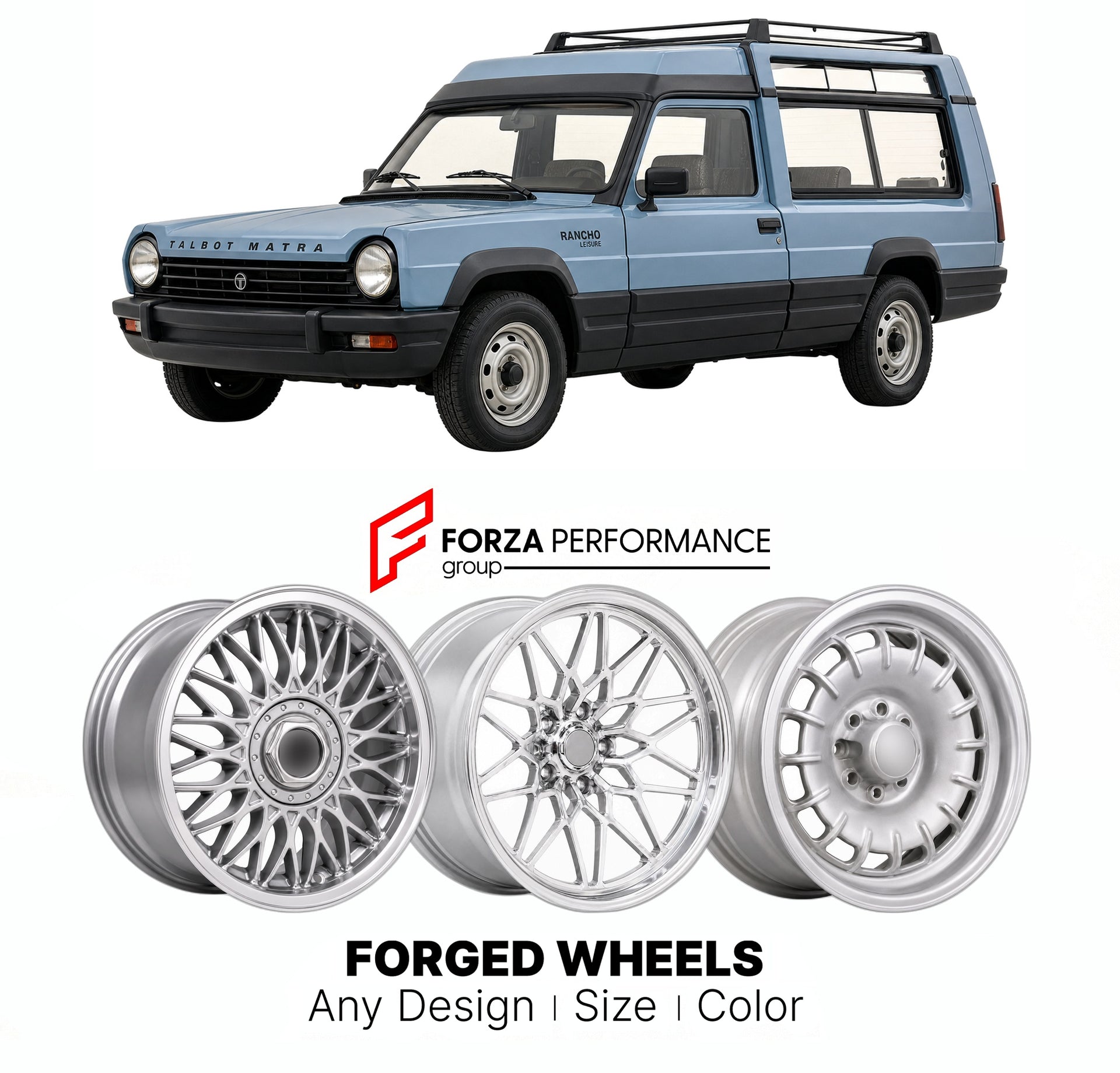 CUSTOM CLASSIC VINTAGE RESTOMOD RETRO OLD SCHOOL FORGED WHEELS RIMS for TALBOT MATRA RANCHO LEISURE 1977 - 1984

Custom forged wheels for Talbot Matra Rancho Leisure 1977 - 1984. Classic, vintage, restomod wheel designs made to order in custom sizes, offsets, colors and finishes.

We manufacture premium quality forged wheels rims for Talbot Matra Rancho Leisure 1977 - 1984 in any design, size, color.

THIS WHEEL DESIGN CAN BE CUSTOM-MADE FOR YOUR CAR IN ANY SIZE AND COLOR OPTIONS
Available in monoblock, 2-p