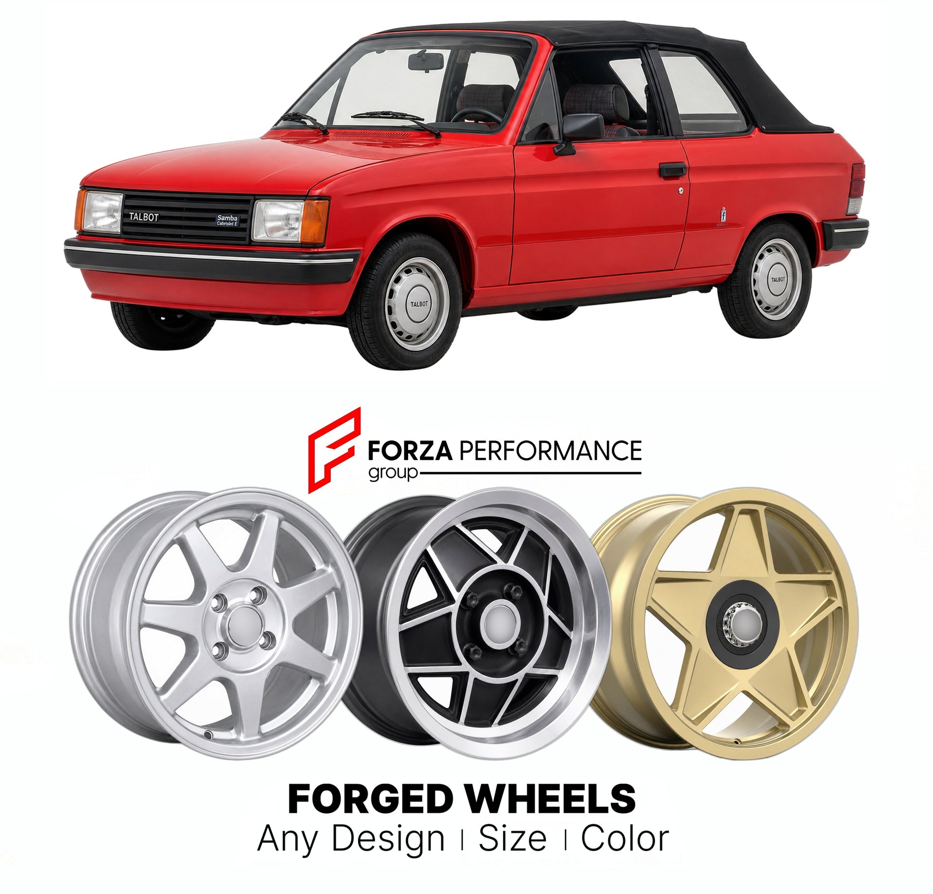 CUSTOM CLASSIC VINTAGE RESTOMOD RETRO OLD SCHOOL FORGED WHEELS RIMS for TALBOT SAMBA CABRIOLET E 1981 - 1986

Custom forged wheels for Talbot Samba Cabriolet E 1981 - 1986. Classic, vintage, restomod wheel designs made to order in custom sizes, offsets, colors and finishes.

We manufacture premium quality forged wheels rims for Talbot Samba Cabriolet E 1981 - 1986 in any design, size, color.

THIS WHEEL DESIGN CAN BE CUSTOM-MADE FOR YOUR CAR IN ANY SIZE AND COLOR OPTIONS
Available in monoblock, 2-piece, 3-p