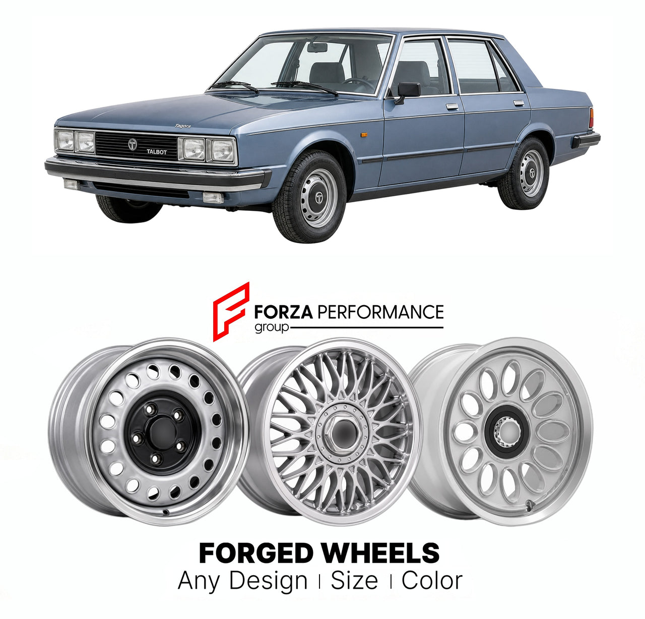 CUSTOM CLASSIC VINTAGE RESTOMOD RETRO OLD SCHOOL FORGED WHEELS RIMS for TALBOT TAGORA 1980 - 1983

Custom forged wheels for Talbot Tagora 1980 - 1983. Classic, vintage, restomod wheel designs made to order in custom sizes, offsets, colors and finishes.

We manufacture premium quality forged wheels rims for Talbot Tagora 1980 - 1983 in any design, size, color.

THIS WHEEL DESIGN CAN BE CUSTOM-MADE FOR YOUR CAR IN ANY SIZE AND COLOR OPTIONS
Available in monoblock, 2-piece, 3-piece, duoblock, beadlock
3D wheel
