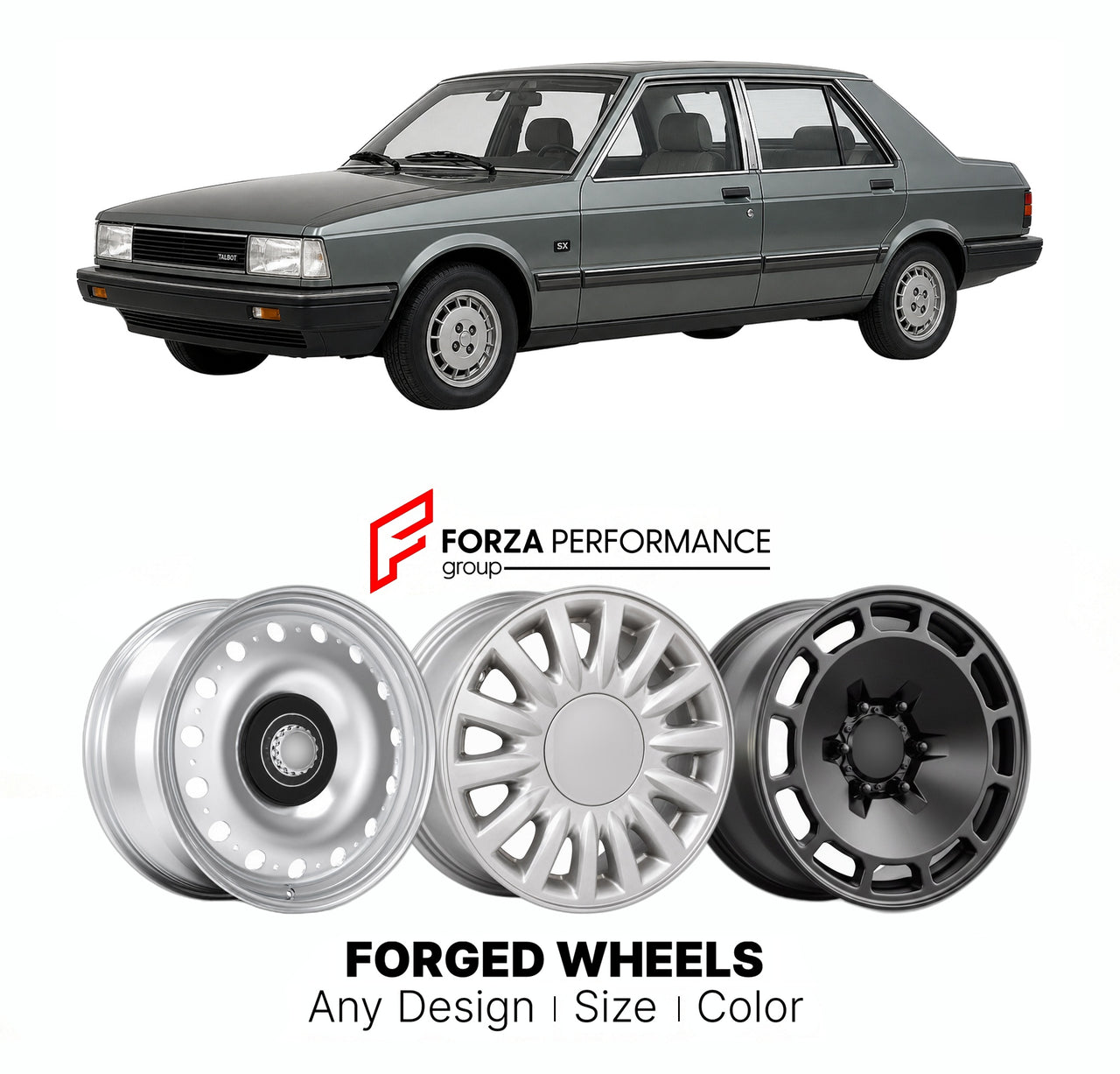 CUSTOM CLASSIC VINTAGE RESTOMOD RETRO OLD SCHOOL FORGED WHEELS RIMS for TALBOT TAGORA SX 1980 - 1983

Custom forged wheels for Talbot Tagora SX 1980 - 1983. Classic, vintage, restomod wheel designs made to order in custom sizes, offsets, colors and finishes.

We manufacture premium quality forged wheels rims for Talbot Tagora SX 1980 - 1983 in any design, size, color.

THIS WHEEL DESIGN CAN BE CUSTOM-MADE FOR YOUR CAR IN ANY SIZE AND COLOR OPTIONS
Available in monoblock, 2-piece, 3-piece, duoblock, beadlock