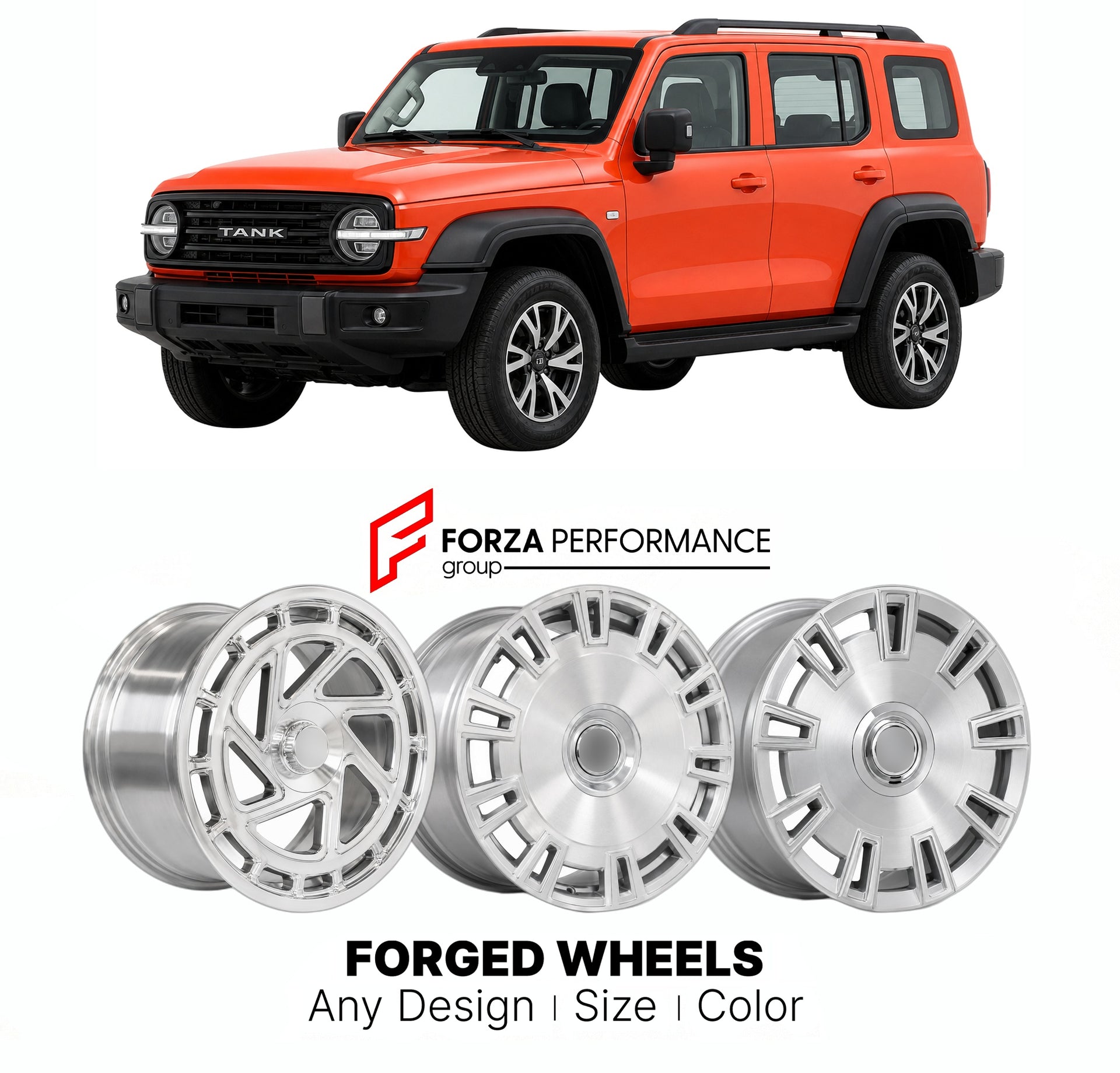 Custom forged wheels for Tank GWM 300 2020+. Made-to-order monoblock, 2-piece and 3-piece wheels in custom sizes, offsets, colors and finishes with guaranteed vehicle fitment.

We manufacture premium quality forged wheels rims for Tank GWM 300 2020+ in any design, size, color.

THIS WHEEL DESIGN CAN BE CUSTOM-MADE FOR YOUR CAR IN ANY SIZE AND COLOR OPTIONS
Available in monoblock, 2-piece, 3-piece, duoblock, beadlock
3D wheel renderings are provided according to the exact dimensions and specifications reques
