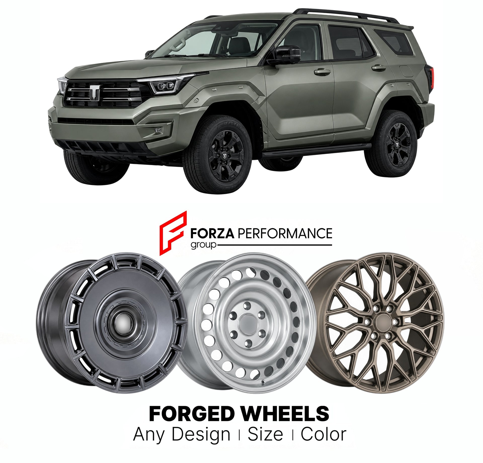 Custom forged wheels for Tank GWM 400 2023+. Made-to-order monoblock, 2-piece and 3-piece wheels in custom sizes, offsets, colors and finishes with guaranteed vehicle fitment.

We manufacture premium quality forged wheels rims for Tank GWM 400 2023+ in any design, size, color.

THIS WHEEL DESIGN CAN BE CUSTOM-MADE FOR YOUR CAR IN ANY SIZE AND COLOR OPTIONS
Available in monoblock, 2-piece, 3-piece, duoblock, beadlock
3D wheel renderings are provided according to the exact dimensions and specifications reques