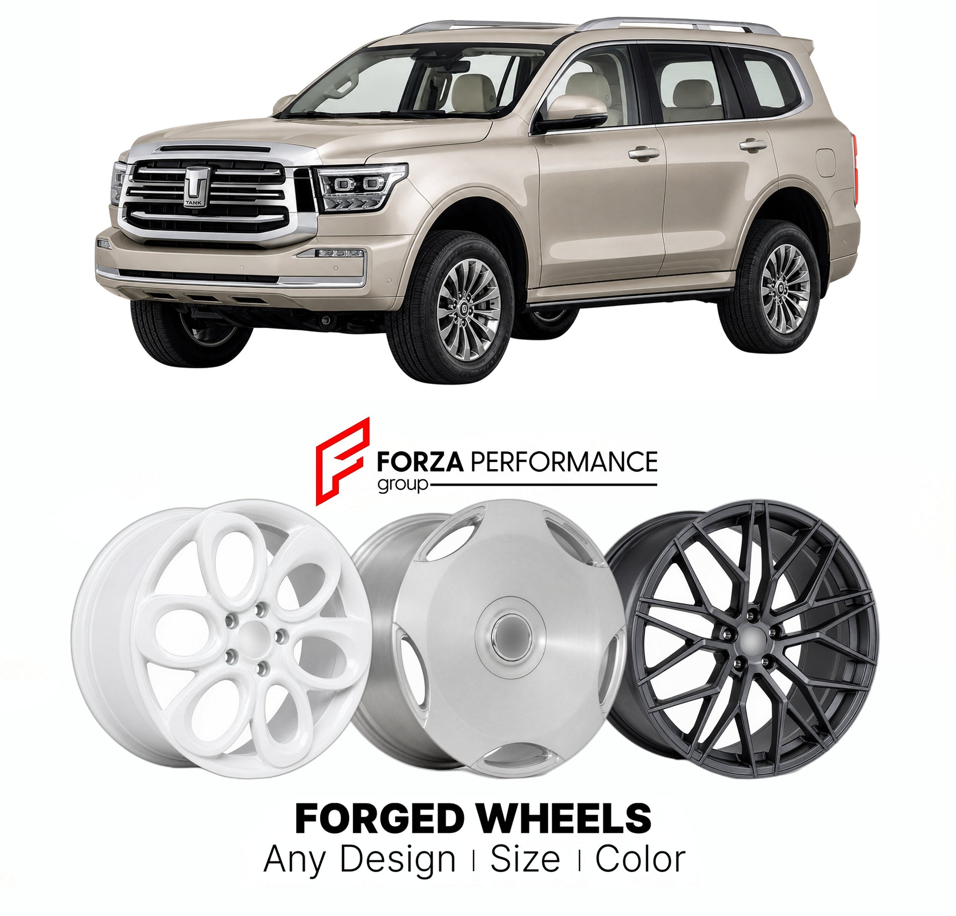 Custom forged wheels for Tank GWM 500 2021+. Made-to-order monoblock, 2-piece and 3-piece wheels in custom sizes, offsets, colors and finishes with guaranteed vehicle fitment.

We manufacture premium quality forged wheels rims for Tank GWM 500 2021+ in any design, size, color.

THIS WHEEL DESIGN CAN BE CUSTOM-MADE FOR YOUR CAR IN ANY SIZE AND COLOR OPTIONS
Available in monoblock, 2-piece, 3-piece, duoblock, beadlock
3D wheel renderings are provided according to the exact dimensions and specifications reques