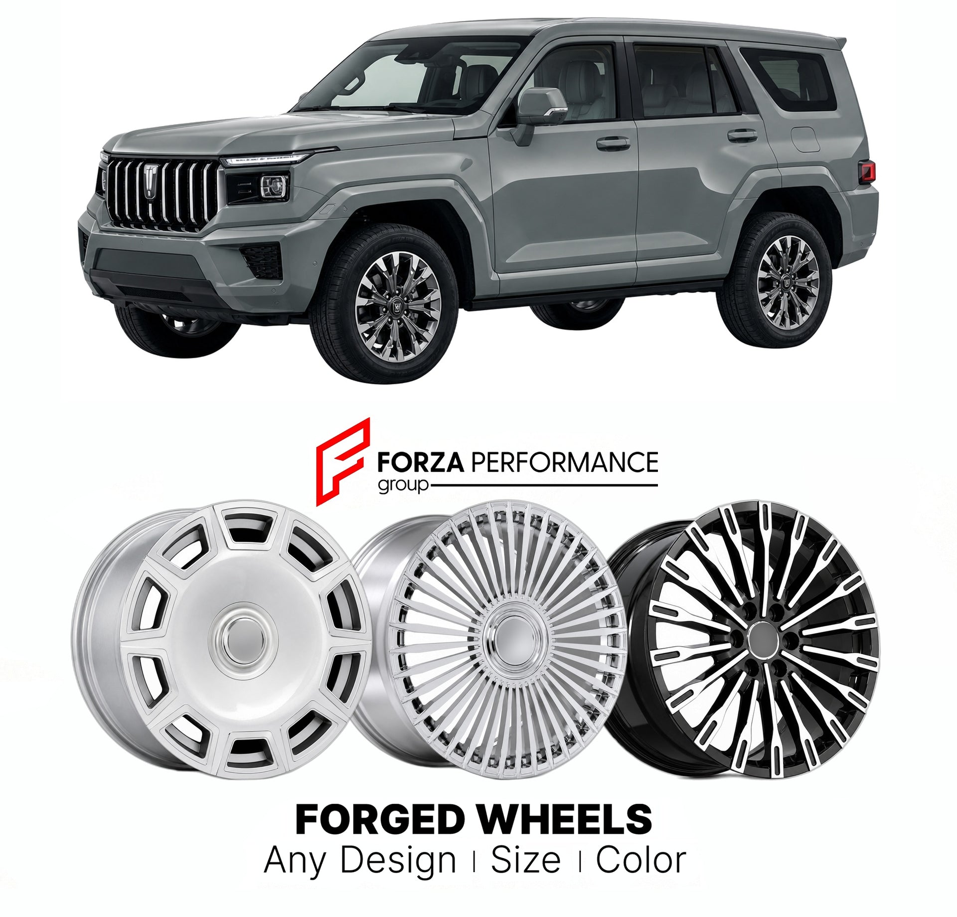 Custom forged wheels for Tank GWM 700 2024+. Made-to-order monoblock, 2-piece and 3-piece wheels in custom sizes, offsets, colors and finishes with guaranteed vehicle fitment.

We manufacture premium quality forged wheels rims for Tank GWM 700 2024+ in any design, size, color.

THIS WHEEL DESIGN CAN BE CUSTOM-MADE FOR YOUR CAR IN ANY SIZE AND COLOR OPTIONS
Available in monoblock, 2-piece, 3-piece, duoblock, beadlock
3D wheel renderings are provided according to the exact dimensions and specifications reques