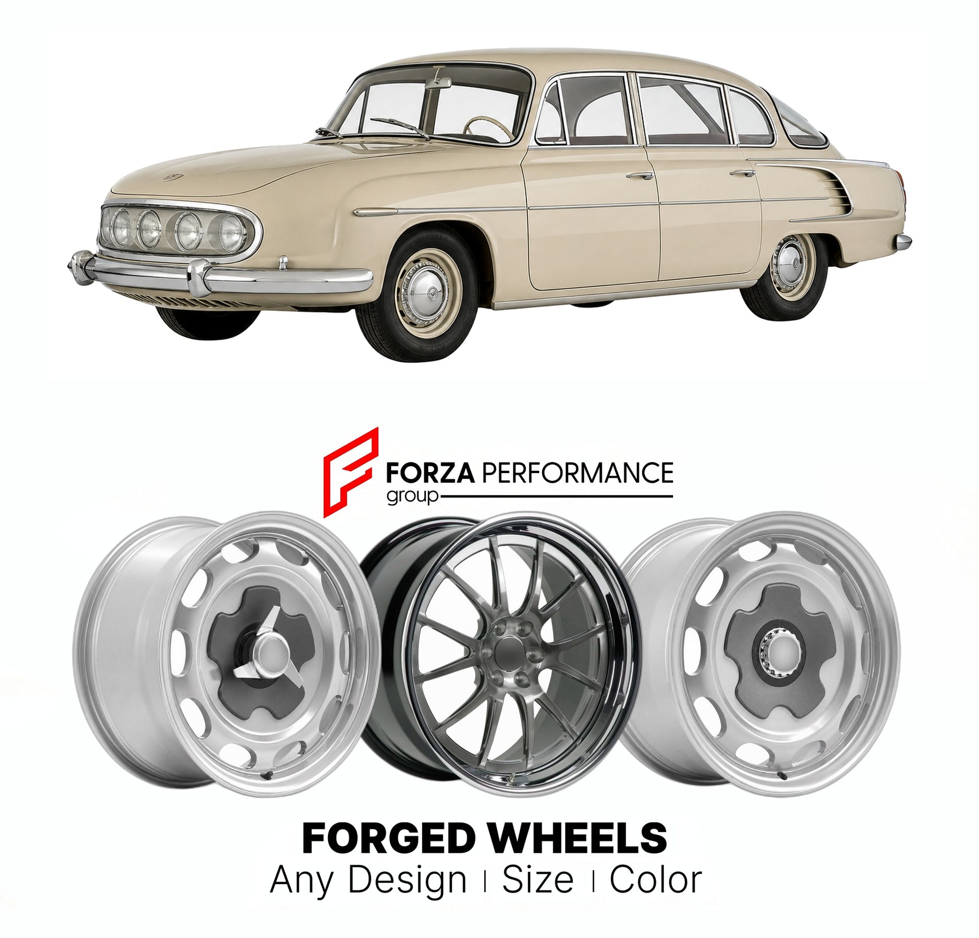 CUSTOM CLASSIC VINTAGE RESTOMOD RETRO OLD SCHOOL FORGED WHEELS RIMS for TATRA 603 1956 - 1975

Custom forged wheels for Tatra 603 1956 - 1975. Classic, vintage, restomod wheel designs made to order in custom sizes, offsets, colors and finishes.

We manufacture premium quality forged wheels rims for Tatra 603 1956 - 1975 in any design, size, color.

THIS WHEEL DESIGN CAN BE CUSTOM-MADE FOR YOUR CAR IN ANY SIZE AND COLOR OPTIONS
Available in monoblock, 2-piece, 3-piece, duoblock, beadlock
3D wheel renderings 