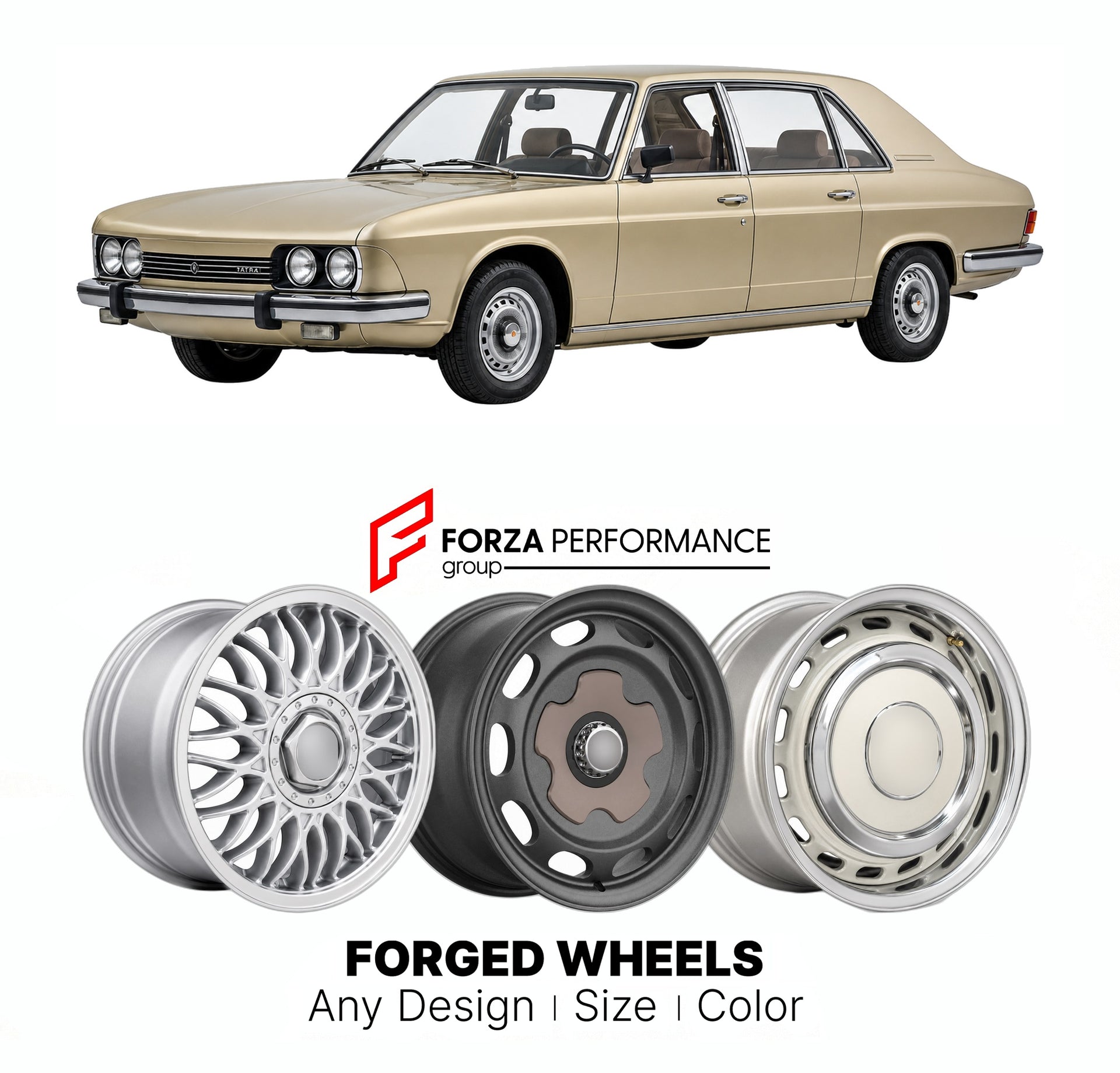 CUSTOM CLASSIC VINTAGE RESTOMOD RETRO OLD SCHOOL FORGED WHEELS RIMS for TATRA 613 1974 - 1996

Custom forged wheels for Tatra 613 1974 - 1996. Classic, vintage, restomod wheel designs made to order in custom sizes, offsets, colors and finishes.

We manufacture premium quality forged wheels rims for Tatra 613 1974 - 1996 in any design, size, color.

THIS WHEEL DESIGN CAN BE CUSTOM-MADE FOR YOUR CAR IN ANY SIZE AND COLOR OPTIONS
Available in monoblock, 2-piece, 3-piece, duoblock, beadlock
3D wheel renderings 