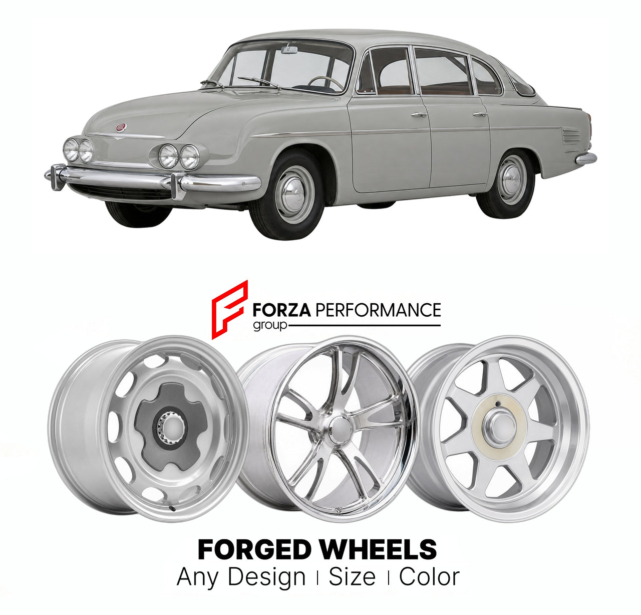 CUSTOM CLASSIC VINTAGE RESTOMOD RETRO OLD SCHOOL FORGED WHEELS RIMS for TATRA T603 1956 - 1975

Custom forged wheels for Tatra T603 1956 - 1975. Classic, vintage, restomod wheel designs made to order in custom sizes, offsets, colors and finishes.

We manufacture premium quality forged wheels rims for Tatra T603 1956 - 1975 in any design, size, color.

THIS WHEEL DESIGN CAN BE CUSTOM-MADE FOR YOUR CAR IN ANY SIZE AND COLOR OPTIONS
Available in monoblock, 2-piece, 3-piece, duoblock, beadlock
3D wheel renderin