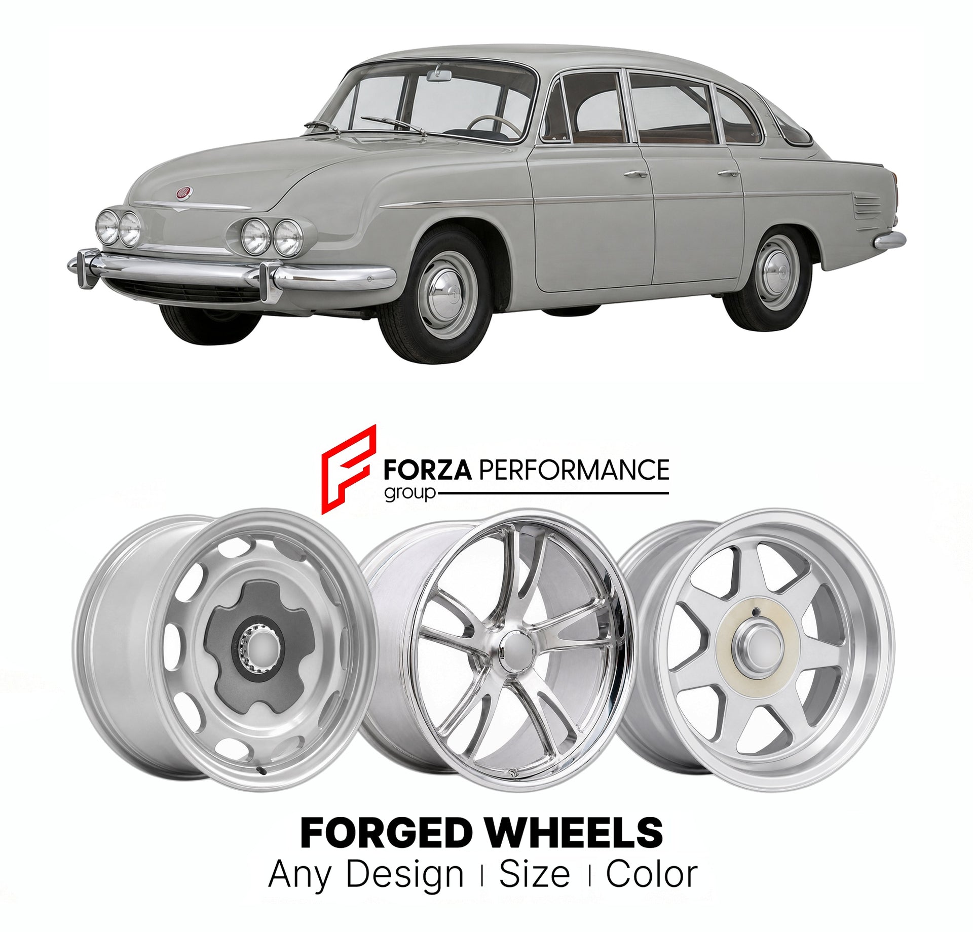 CUSTOM CLASSIC VINTAGE RESTOMOD RETRO OLD SCHOOL FORGED WHEELS RIMS for TATRA T603 1956 - 1975

Custom forged wheels for Tatra T603 1956 - 1975. Classic, vintage, restomod wheel designs made to order in custom sizes, offsets, colors and finishes.

We manufacture premium quality forged wheels rims for Tatra T603 1956 - 1975 in any design, size, color.

THIS WHEEL DESIGN CAN BE CUSTOM-MADE FOR YOUR CAR IN ANY SIZE AND COLOR OPTIONS
Available in monoblock, 2-piece, 3-piece, duoblock, beadlock
3D wheel renderin