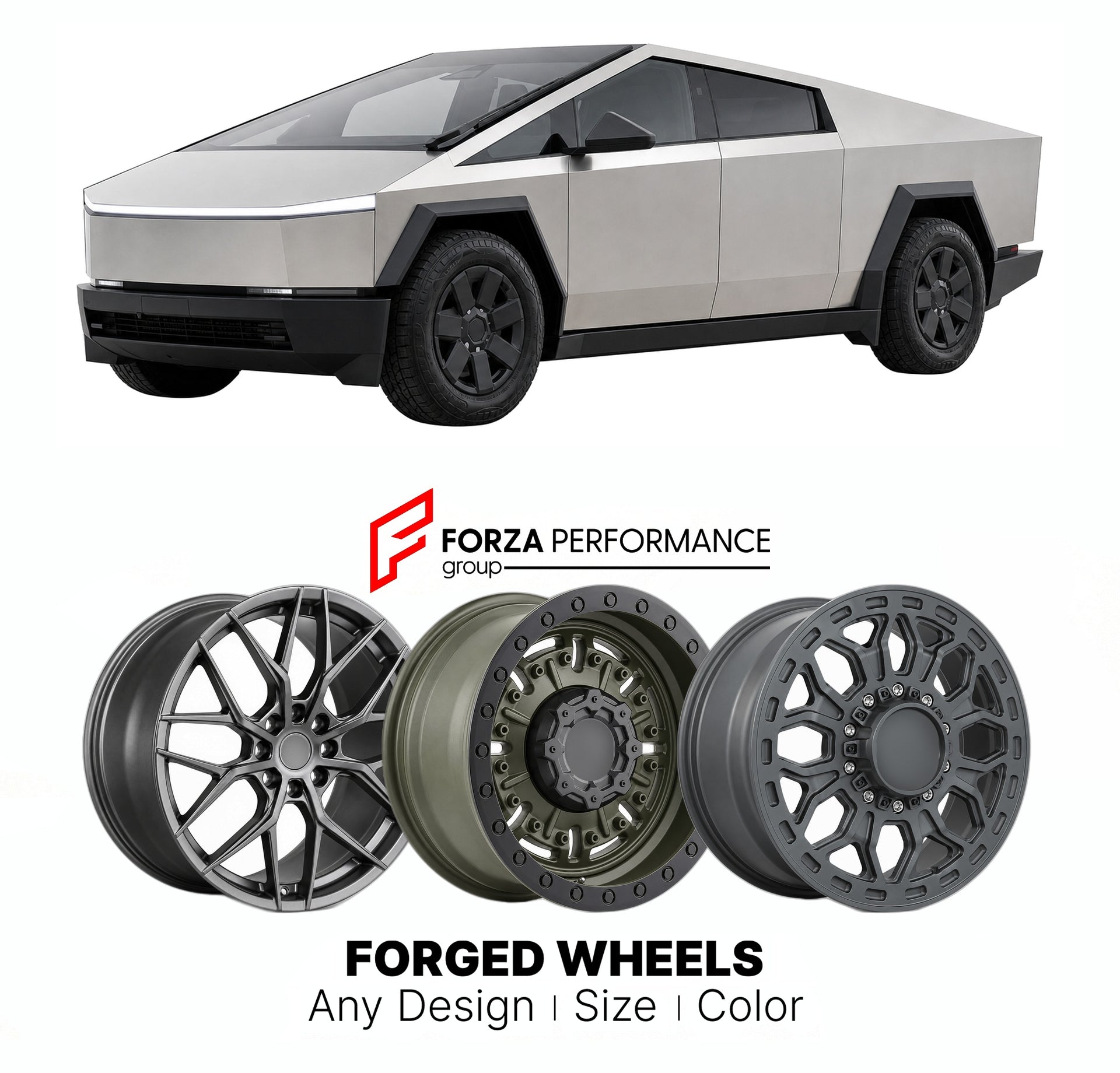 FORGED WHEELS RIMS for TESLA CYBERTRUCK 2023+

Custom forged wheels for Tesla Cybertruck 2023+. Made-to-order monoblock, 2-piece and 3-piece rims in custom sizes, offsets, colors and finishes with guaranteed fitment.

We manufacture premium quality forged wheels rims for Tesla Cybertruck 2023+ in any design, size, color.

THIS WHEEL DESIGN CAN BE CUSTOM-MADE FOR YOUR CAR IN ANY SIZE AND COLOR OPTIONS
Available in monoblock, 2-piece, 3-piece, duoblock, beadlock
3D wheel renderings are provided according to t