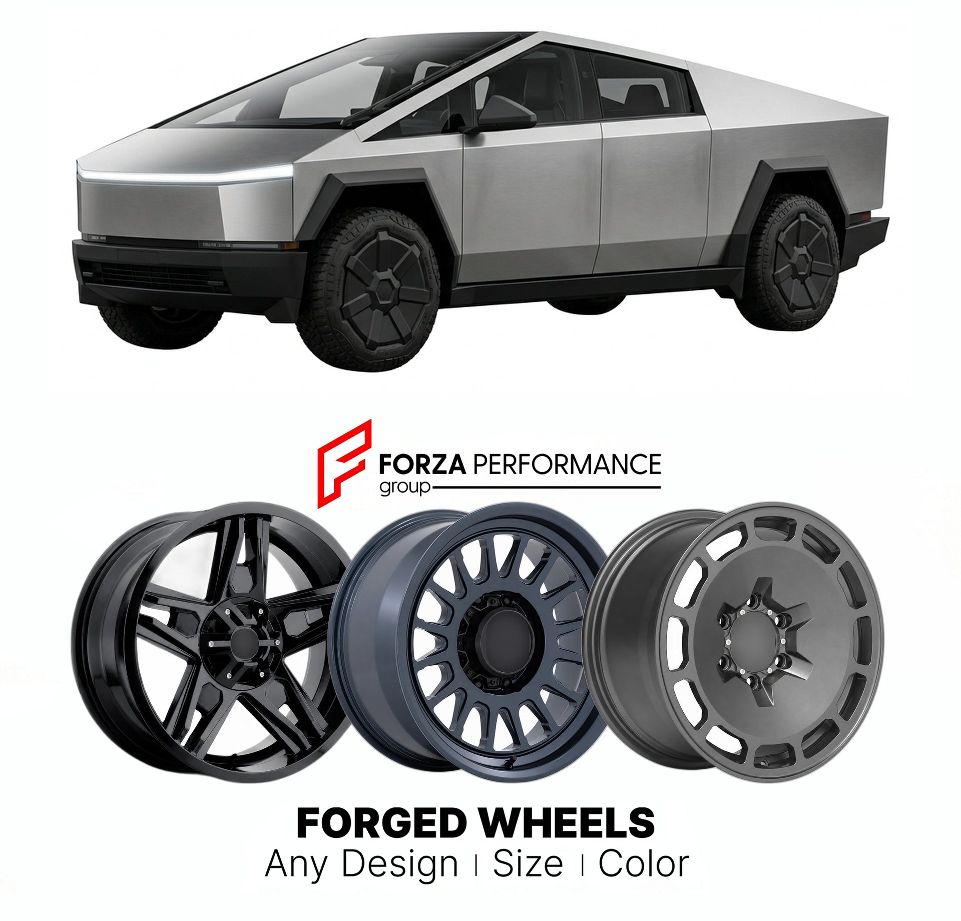 FORGED WHEELS RIMS for TESLA CYBERTRUCK 2024+

Custom forged wheels for Tesla Cybertruck 2024+. Made-to-order monoblock, 2-piece and 3-piece rims in custom sizes, offsets, colors and finishes with guaranteed fitment.

We manufacture premium quality forged wheels rims for Tesla Cybertruck 2024+ in any design, size, color.

THIS WHEEL DESIGN CAN BE CUSTOM-MADE FOR YOUR CAR IN ANY SIZE AND COLOR OPTIONS
Available in monoblock, 2-piece, 3-piece, duoblock, beadlock
3D wheel renderings are provided according to t