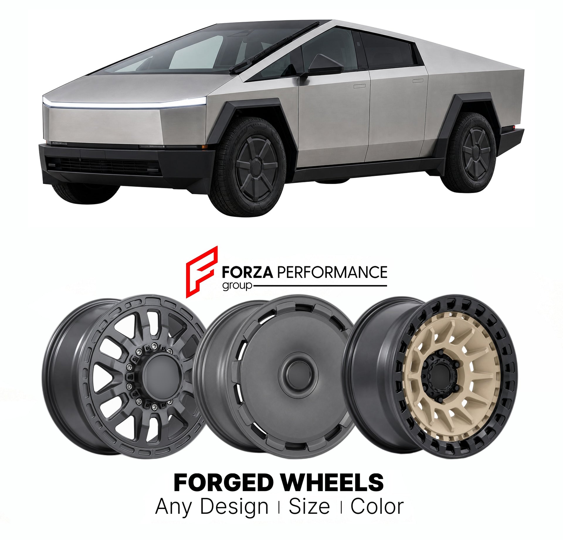 FORGED WHEELS RIMS for TESLA CYBERTRUCK ALL-WHEEL DRIVE 2023+

Custom forged wheels for Tesla Cybertruck All-Wheel Drive 2023+. Made-to-order monoblock, 2-piece and 3-piece rims in custom sizes, offsets, colors and finishes with guaranteed fitment.

We manufacture premium quality forged wheels rims for Tesla Cybertruck All-Wheel Drive 2023+ in any design, size, color.

THIS WHEEL DESIGN CAN BE CUSTOM-MADE FOR YOUR CAR IN ANY SIZE AND COLOR OPTIONS
Available in monoblock, 2-piece, 3-piece, duoblock, beadlock