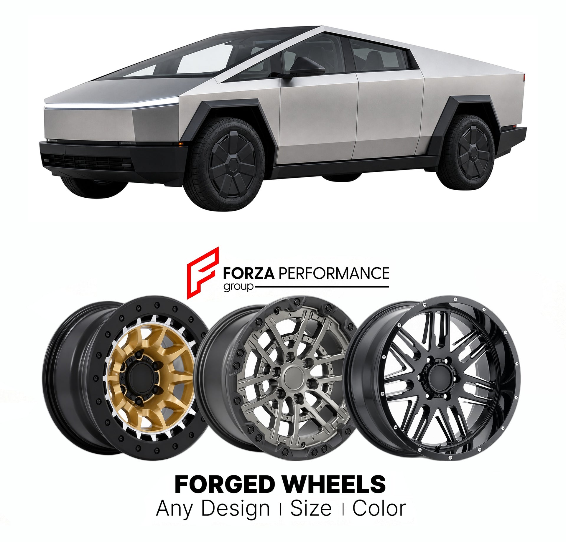 FORGED WHEELS RIMS for TESLA CYBERTRUCK REAR-WHEEL DRIVE 2023+

Custom forged wheels for Tesla Cybertruck Rear-Wheel Drive 2023+. Made-to-order monoblock, 2-piece and 3-piece rims in custom sizes, offsets, colors and finishes with guaranteed fitment.

We manufacture premium quality forged wheels rims for Tesla Cybertruck Rear-Wheel Drive 2023+ in any design, size, color.

THIS WHEEL DESIGN CAN BE CUSTOM-MADE FOR YOUR CAR IN ANY SIZE AND COLOR OPTIONS
Available in monoblock, 2-piece, 3-piece, duoblock, beadl