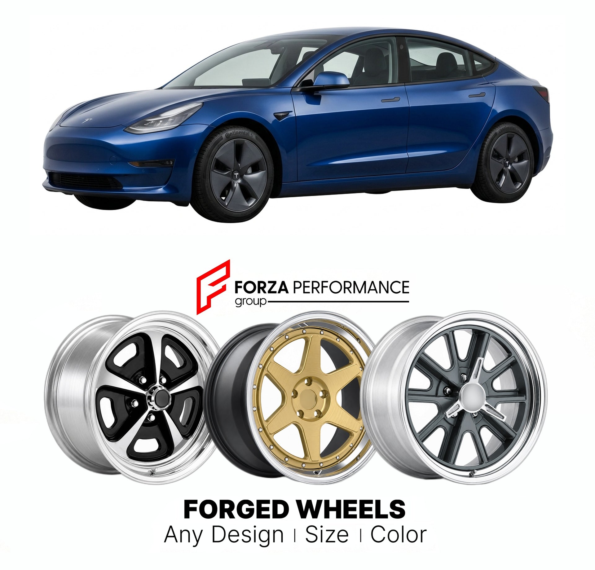 FORGED WHEELS RIMS for TESLA MODEL 3 2017+

Custom forged wheels for Tesla Model 3 2017+. Made-to-order monoblock, 2-piece and 3-piece rims in custom sizes, offsets, colors and finishes with guaranteed fitment.

We manufacture premium quality forged wheels rims for Tesla Model 3 2017+ in any design, size, color.

THIS WHEEL DESIGN CAN BE CUSTOM-MADE FOR YOUR CAR IN ANY SIZE AND COLOR OPTIONS
Available in monoblock, 2-piece, 3-piece, duoblock, beadlock
3D wheel renderings are provided according to the exact 
