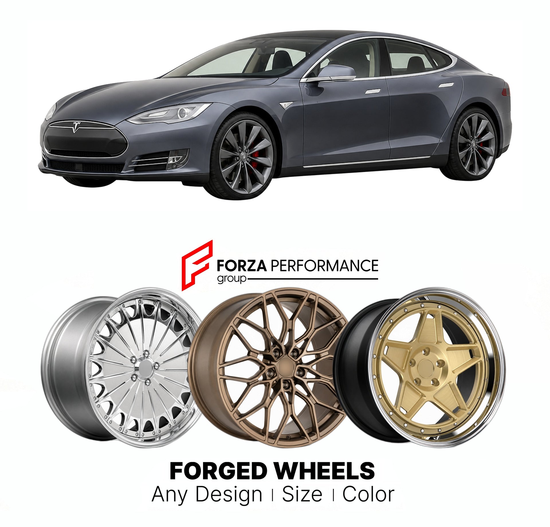 FORGED WHEELS RIMS for TESLA MODEL S P85D 2012+

Custom forged wheels for Tesla Model S P85D 2012+. Made-to-order monoblock, 2-piece and 3-piece rims in custom sizes, offsets, colors and finishes with guaranteed fitment.

We manufacture premium quality forged wheels rims for Tesla Model S P85D 2012+ in any design, size, color.

THIS WHEEL DESIGN CAN BE CUSTOM-MADE FOR YOUR CAR IN ANY SIZE AND COLOR OPTIONS
Available in monoblock, 2-piece, 3-piece, duoblock, beadlock
3D wheel renderings are provided accordin