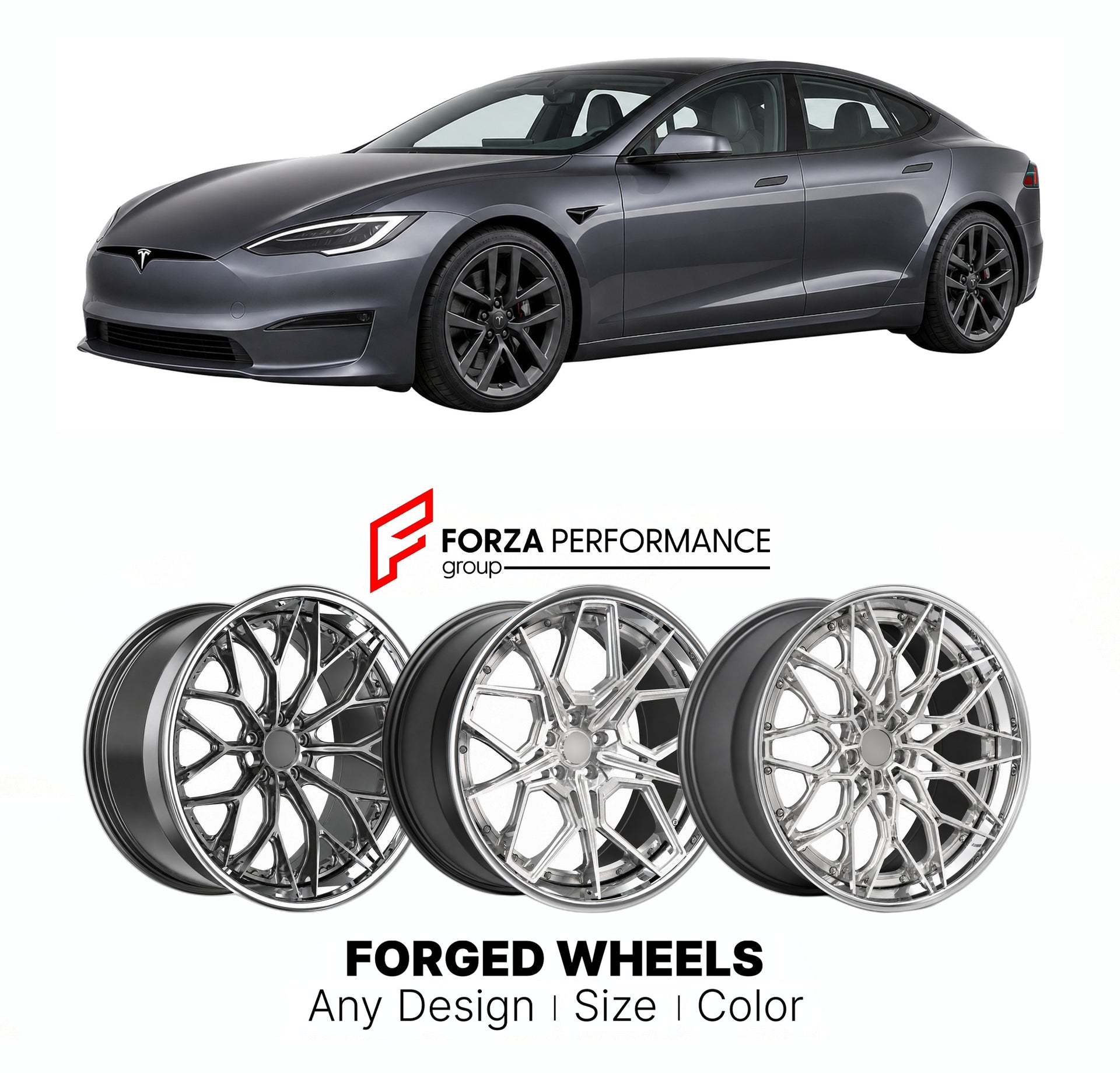 FORGED WHEELS RIMS for TESLA MODEL S PLAID PERFORMANCE 2021+

Custom forged wheels for Tesla Model S Plaid Performance 2021+. Made-to-order monoblock, 2-piece and 3-piece rims in custom sizes, offsets, colors and finishes with guaranteed fitment.

We manufacture premium quality forged wheels rims for Tesla Model S Plaid Performance 2021+ in any design, size, color.

THIS WHEEL DESIGN CAN BE CUSTOM-MADE FOR YOUR CAR IN ANY SIZE AND COLOR OPTIONS
Available in monoblock, 2-piece, 3-piece, duoblock, beadlock
3D