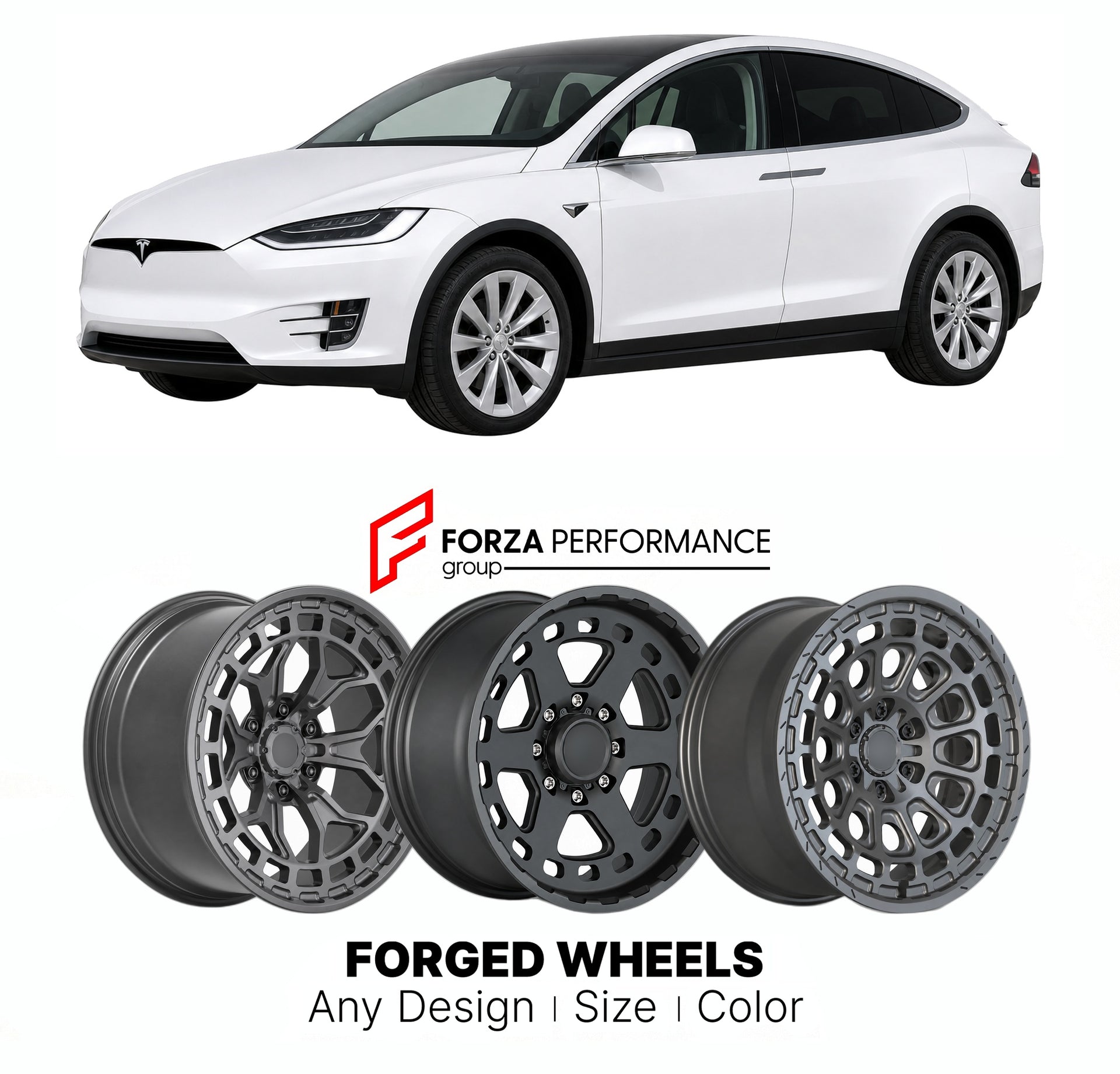 FORGED WHEELS RIMS for TESLA MODEL X 2016+

Custom forged wheels for Tesla Model X 2016+. Made-to-order monoblock, 2-piece and 3-piece rims in custom sizes, offsets, colors and finishes with guaranteed fitment.

We manufacture premium quality forged wheels rims for Tesla Model X 2016+ in any design, size, color.

THIS WHEEL DESIGN CAN BE CUSTOM-MADE FOR YOUR CAR IN ANY SIZE AND COLOR OPTIONS
Available in monoblock, 2-piece, 3-piece, duoblock, beadlock
3D wheel renderings are provided according to the exact 