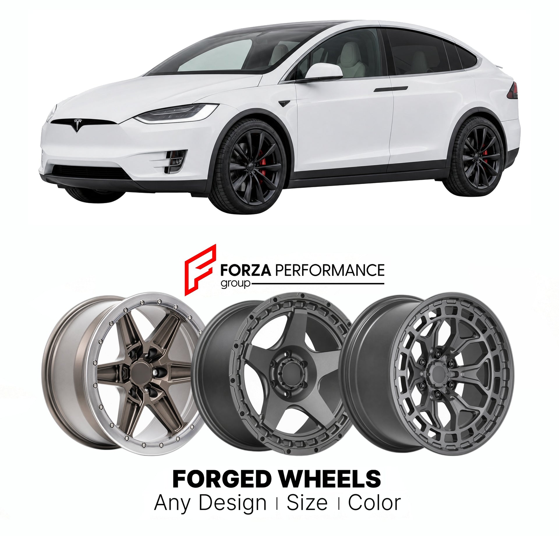 FORGED WHEELS RIMS for TESLA MODEL X PERFORMANCE 2015+

Custom forged wheels for Tesla Model X Performance 2015+. Made-to-order monoblock, 2-piece and 3-piece rims in custom sizes, offsets, colors and finishes with guaranteed fitment.

We manufacture premium quality forged wheels rims for Tesla Model X Performance 2015+ in any design, size, color.

THIS WHEEL DESIGN CAN BE CUSTOM-MADE FOR YOUR CAR IN ANY SIZE AND COLOR OPTIONS
Available in monoblock, 2-piece, 3-piece, duoblock, beadlock
3D wheel renderings 
