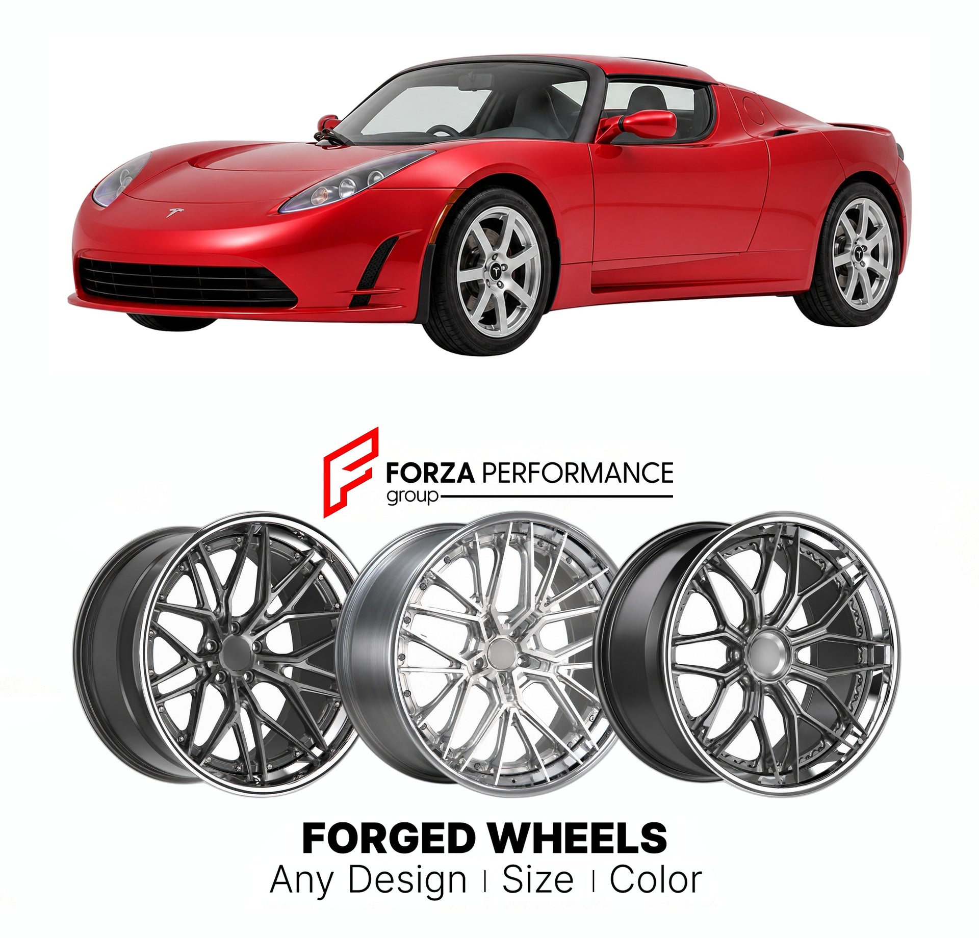 FORGED WHEELS RIMS for TESLA ROADSTER 2.5 2008 - 2012

Custom forged wheels for Tesla Roadster 2.5 2008 - 2012. Made-to-order monoblock, 2-piece and 3-piece rims in custom sizes, offsets, colors and finishes with guaranteed fitment.

We manufacture premium quality forged wheels rims for Tesla Roadster 2.5 2008 - 2012 in any design, size, color.

THIS WHEEL DESIGN CAN BE CUSTOM-MADE FOR YOUR CAR IN ANY SIZE AND COLOR OPTIONS
Available in monoblock, 2-piece, 3-piece, duoblock, beadlock
3D wheel renderings are