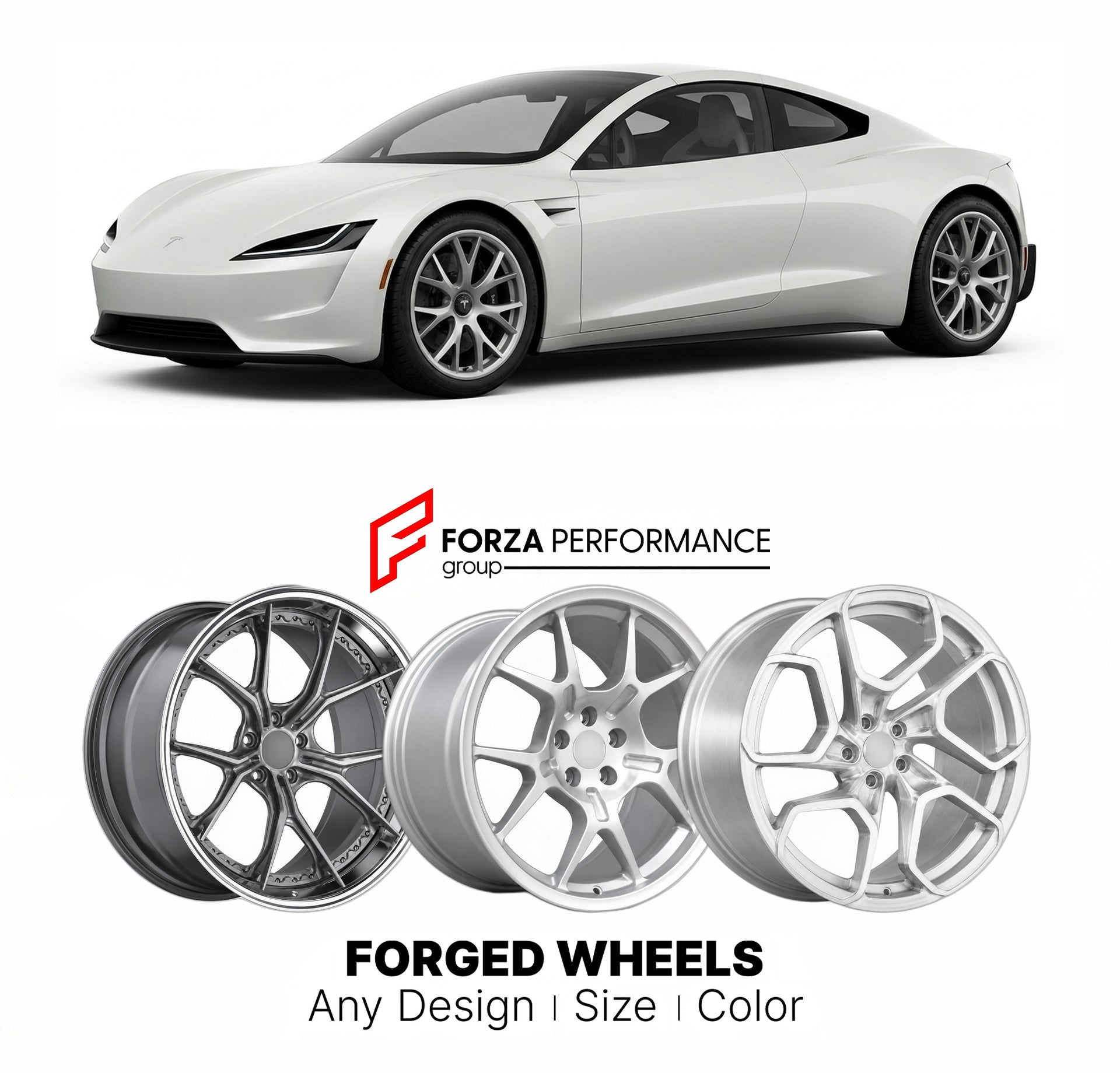 FORGED WHEELS RIMS for TESLA ROADSTER 2008 - 2012

Custom forged wheels for Tesla Roadster 2008 - 2012. Made-to-order monoblock, 2-piece and 3-piece rims in custom sizes, offsets, colors and finishes with guaranteed fitment.

We manufacture premium quality forged wheels rims for Tesla Roadster 2008 - 2012 in any design, size, color.

THIS WHEEL DESIGN CAN BE CUSTOM-MADE FOR YOUR CAR IN ANY SIZE AND COLOR OPTIONS
Available in monoblock, 2-piece, 3-piece, duoblock, beadlock
3D wheel renderings are provided ac