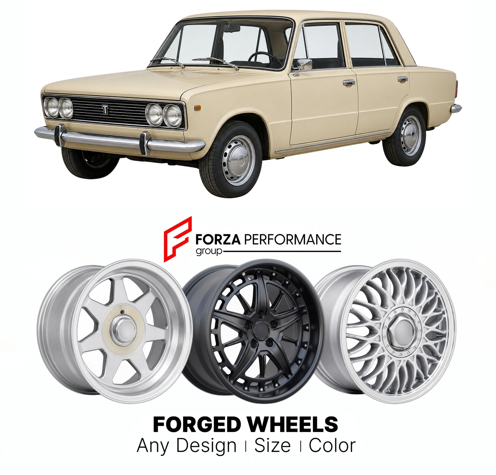 CUSTOM CLASSIC VINTAGE RESTOMOD RETRO OLD SCHOOL FORGED WHEELS RIMS for TOFAS MURAT 124 1971 - 1977

Custom forged wheels for Tofas Murat 124 1971 - 1977. Classic, vintage, restomod wheel designs made to order in custom sizes, offsets, colors and finishes.

We manufacture premium quality forged wheels rims for Tofas Murat 124 1971 - 1977 in any design, size, color.

THIS WHEEL DESIGN CAN BE CUSTOM-MADE FOR YOUR CAR IN ANY SIZE AND COLOR OPTIONS
Available in monoblock, 2-piece, 3-piece, duoblock, beadlock
3D