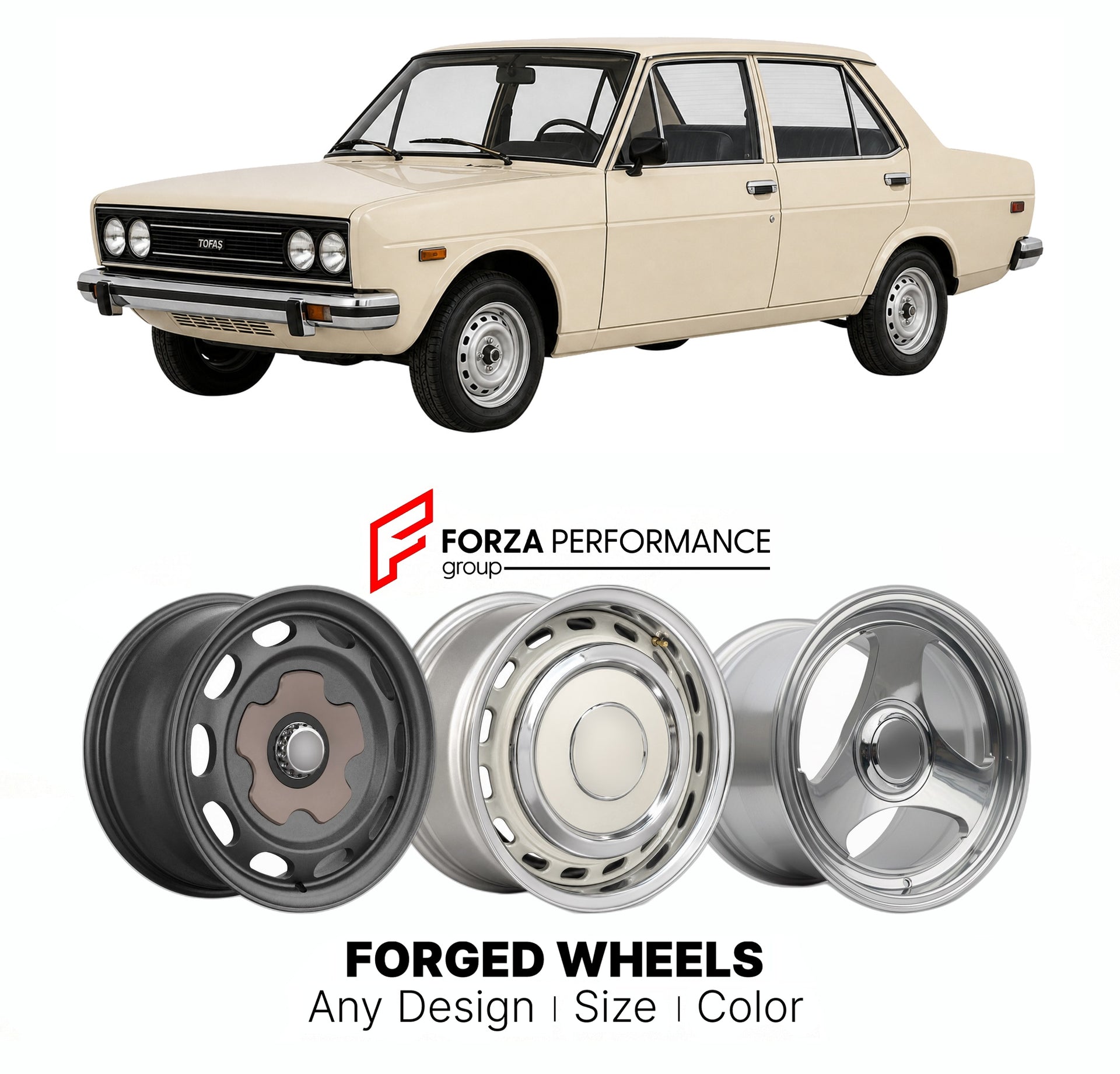 CUSTOM CLASSIC VINTAGE RESTOMOD RETRO OLD SCHOOL FORGED WHEELS RIMS for TOFAS MURAT 131 1976 - 2002

Custom forged wheels for Tofas Murat 131 1976 - 2002. Classic, vintage, restomod wheel designs made to order in custom sizes, offsets, colors and finishes.

We manufacture premium quality forged wheels rims for Tofas Murat 131 1976 - 2002 in any design, size, color.

THIS WHEEL DESIGN CAN BE CUSTOM-MADE FOR YOUR CAR IN ANY SIZE AND COLOR OPTIONS
Available in monoblock, 2-piece, 3-piece, duoblock, beadlock
3D