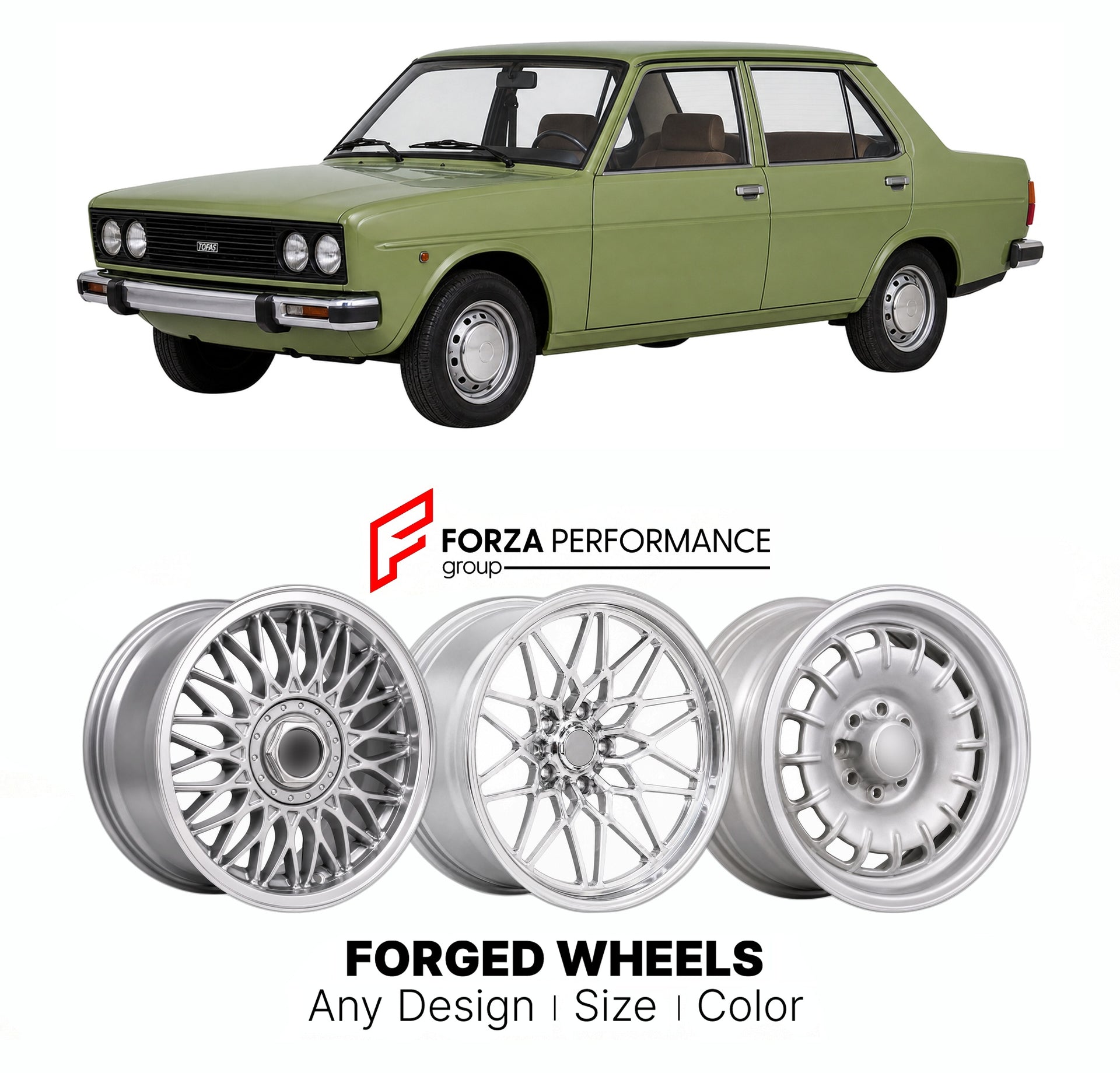 CUSTOM CLASSIC VINTAGE RESTOMOD RETRO OLD SCHOOL FORGED WHEELS RIMS for TOFAS MURAT 131 SAHIN 1976 - 2002

Custom forged wheels for Tofas Murat 131 Sahin 1976 - 2002. Classic, vintage, restomod wheel designs made to order in custom sizes, offsets, colors and finishes.

We manufacture premium quality forged wheels rims for Tofas Murat 131 Sahin 1976 - 2002 in any design, size, color.

THIS WHEEL DESIGN CAN BE CUSTOM-MADE FOR YOUR CAR IN ANY SIZE AND COLOR OPTIONS
Available in monoblock, 2-piece, 3-piece, duo