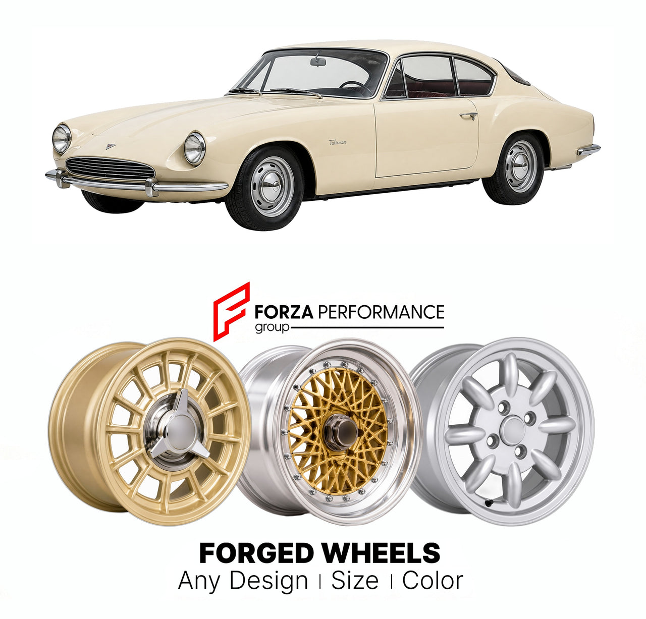 CUSTOM CLASSIC VINTAGE RESTOMOD RETRO OLD SCHOOL FORGED WHEELS RIMS for TORNADO TALISMAN 1962 - 1964

Custom forged wheels for Tornado Talisman 1962 - 1964. Classic, vintage, restomod wheel designs made to order in custom sizes, offsets, colors and finishes.

We manufacture premium quality forged wheels rims for Tornado Talisman 1962 - 1964 in any design, size, color.

THIS WHEEL DESIGN CAN BE CUSTOM-MADE FOR YOUR CAR IN ANY SIZE AND COLOR OPTIONS
Available in monoblock, 2-piece, 3-piece, duoblock, beadlock
