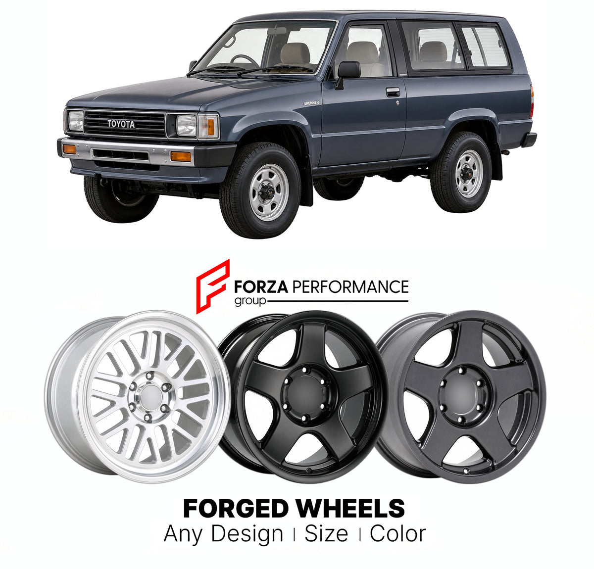CUSTOM CLASSIC VINTAGE RESTOMOD RETRO OLD SCHOOL FORGED WHEELS RIMS for TOYOTA 4RUNNER HILUX SURF N120 N130 1989 - 1995

Custom forged wheels for Toyota 4Runner Hilux Surf N120 N130 1989 - 1995. Classic, vintage, restomod and retro JDM wheel designs made to order in custom sizes, offsets, colors and finishes with guaranteed fitment.

We manufacture premium quality forged wheels rims for Toyota 4Runner Hilux Surf N120 N130 1989 - 1995 in any design, size, color.

JDM WHEEL DESIGNS: our Japanese collection fo