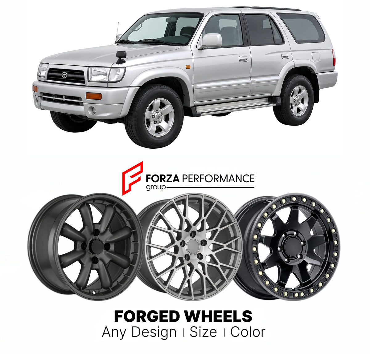 CUSTOM CLASSIC VINTAGE RESTOMOD RETRO OLD SCHOOL FORGED WHEELS RIMS for TOYOTA 4RUNNER HILUX SURF N180 1995 - 1998

Custom forged wheels for Toyota 4Runner Hilux Surf N180 1995 - 1998. Classic, vintage, restomod and retro JDM wheel designs made to order in custom sizes, offsets, colors and finishes with guaranteed fitment.

We manufacture premium quality forged wheels rims for Toyota 4Runner Hilux Surf N180 1995 - 1998 in any design, size, color.

JDM WHEEL DESIGNS: our Japanese collection for SUVs and pick