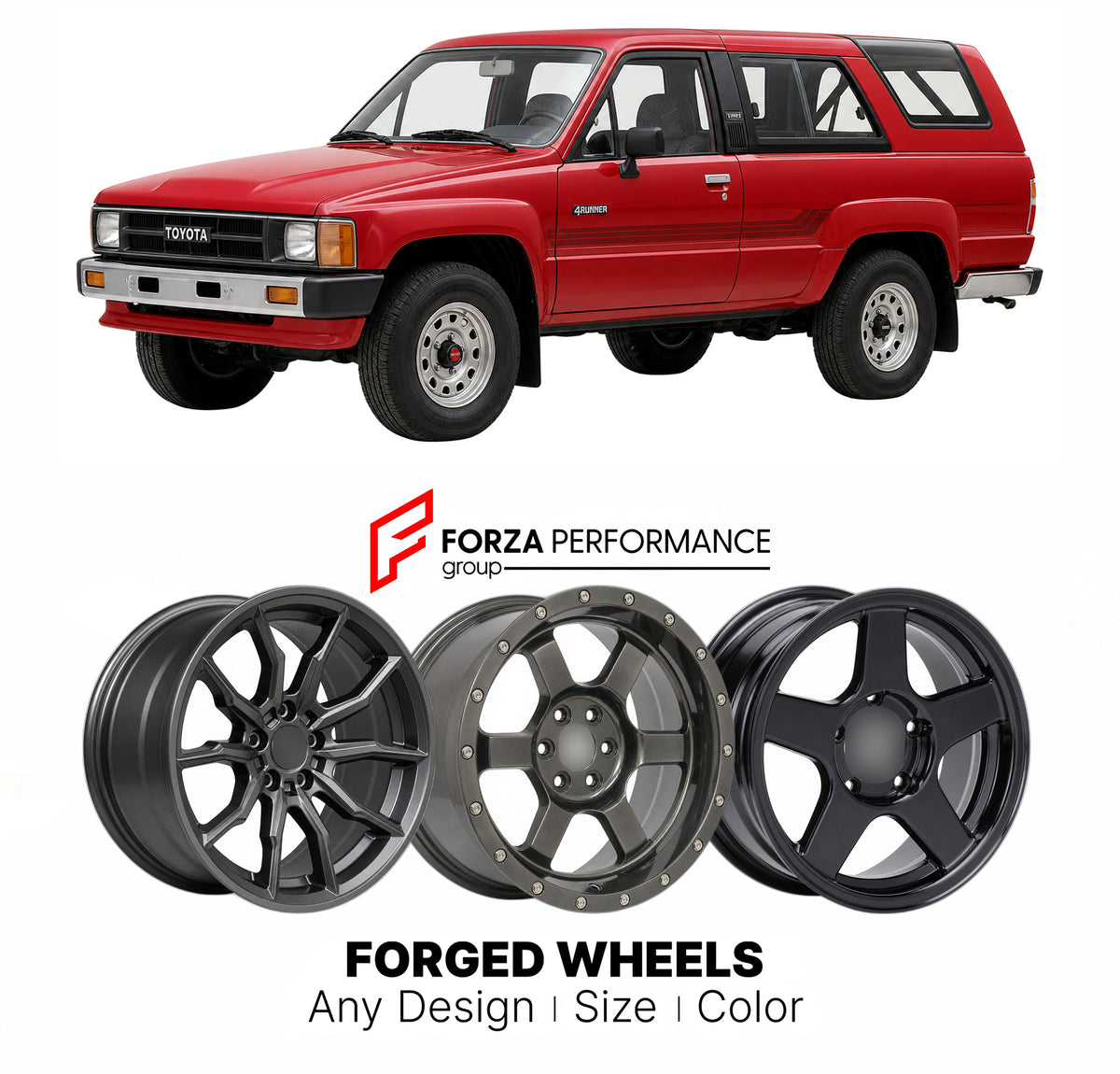 CUSTOM CLASSIC VINTAGE RESTOMOD RETRO OLD SCHOOL FORGED WHEELS RIMS for TOYOTA 4RUNNER HILUX SURF N60 1984 - 1989

Custom forged wheels for Toyota 4Runner Hilux Surf N60 1984 - 1989. Classic, vintage, restomod and retro JDM wheel designs made to order in custom sizes, offsets, colors and finishes with guaranteed fitment.

We manufacture premium quality forged wheels rims for Toyota 4Runner Hilux Surf N60 1984 - 1989 in any design, size, color.

JDM WHEEL DESIGNS: our Japanese collection for SUVs and pickups