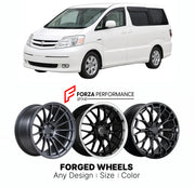 FORGED WHEELS RIMS for TOYOTA ALPHARD AH10 2002 - 2004

Custom forged wheels for Toyota Alphard AH10 2002 - 2004. Made-to-order monoblock, 2-piece and 3-piece rims in custom sizes, offsets, colors and finishes with guaranteed fitment.

We manufacture premium quality forged wheels rims for Toyota Alphard AH10 2002 - 2004 in any design, size, color.

JDM WHEEL DESIGNS: our Japanese collection for hatchbacks, kei cars and MPVs includes designs inspired by Rays Volk Racing, Enkei, XXR, Rota, Work Wheels, Cosmis