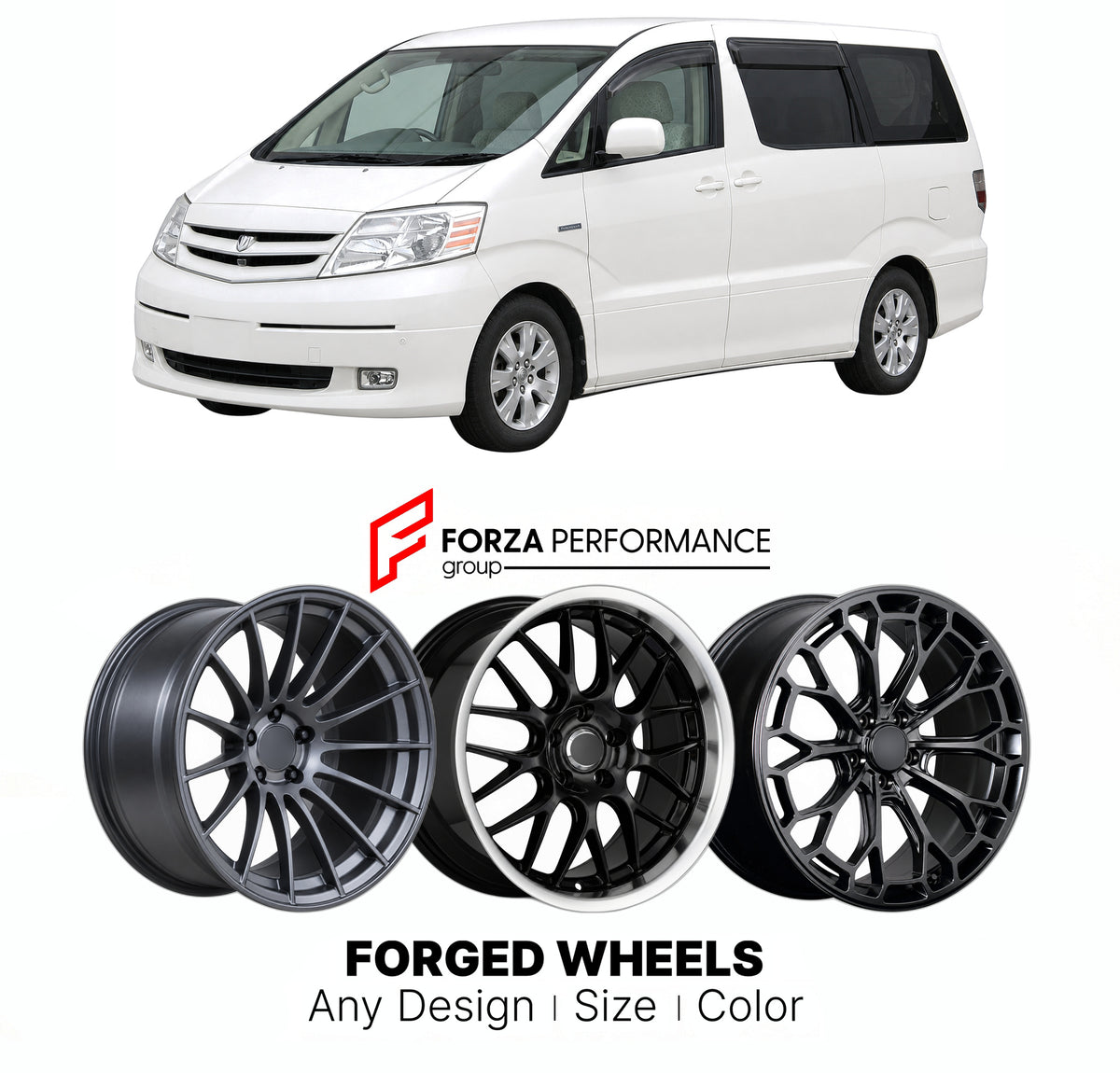 FORGED WHEELS RIMS for TOYOTA ALPHARD AH10 2002 - 2004

Custom forged wheels for Toyota Alphard AH10 2002 - 2004. Made-to-order monoblock, 2-piece and 3-piece rims in custom sizes, offsets, colors and finishes with guaranteed fitment.

We manufacture premium quality forged wheels rims for Toyota Alphard AH10 2002 - 2004 in any design, size, color.

JDM WHEEL DESIGNS: our Japanese collection for hatchbacks, kei cars and MPVs includes designs inspired by Rays Volk Racing, Enkei, XXR, Rota, Work Wheels, Cosmis