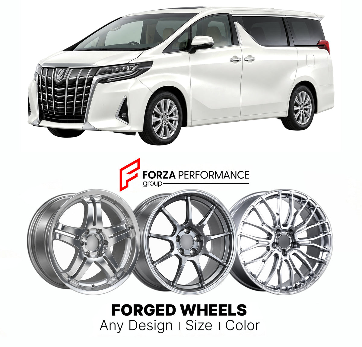FORGED WHEELS RIMS for TOYOTA ALPHARD VELLFIRE AH30 FACELIFT 2018 - 2023

Custom forged wheels for Toyota Alphard Vellfire AH30 Facelift 2018 - 2023. Made-to-order monoblock, 2-piece and 3-piece rims in custom sizes, offsets, colors and finishes with guaranteed fitment.

We manufacture premium quality forged wheels rims for Toyota Alphard Vellfire AH30 Facelift 2018 - 2023 in any design, size, color.

JDM WHEEL DESIGNS: our Japanese collection for hatchbacks, kei cars and MPVs includes designs inspired by R