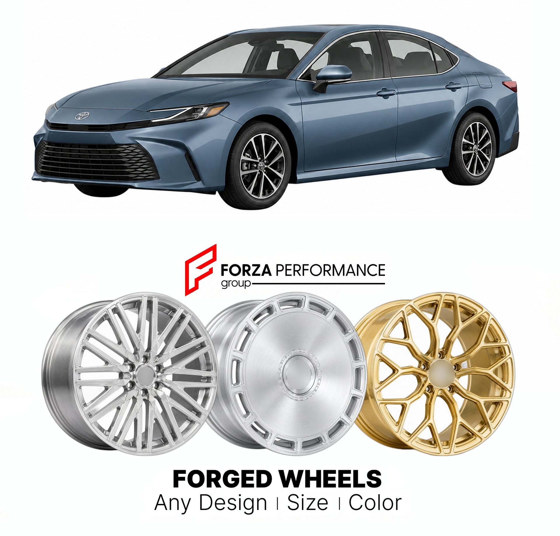 Custom forged wheels for Toyota Camry XV80 2025+. Made-to-order monoblock, 2-piece and 3-piece wheels in custom sizes, offsets, colors and finishes with guaranteed vehicle fitment.

We manufacture premium quality forged wheels rims for Toyota Camry XV80 2025+ in any design, size, color.

THIS WHEEL DESIGN CAN BE CUSTOM-MADE FOR YOUR CAR IN ANY SIZE AND COLOR OPTIONS
Available in monoblock, 2-piece, 3-piece, duoblock, beadlock
3D wheel renderings are provided according to the exact dimensions and specificati