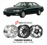 CUSTOM CLASSIC VINTAGE RESTOMOD RETRO OLD SCHOOL FORGED WHEELS RIMS for TOYOTA CHASER X100 1996 - 1998

Custom forged wheels for Toyota Chaser X100 1996 - 1998. Classic, vintage, restomod and retro JDM wheel designs made to order in custom sizes, offsets, colors and finishes with guaranteed fitment.

We manufacture premium quality forged wheels rims for Toyota Chaser X100 1996 - 1998 in any design, size, color.

JDM WHEEL DESIGNS: our Japanese collection for sedans and wagons includes designs inspired by We