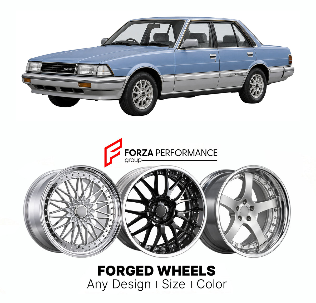 CUSTOM CLASSIC VINTAGE RESTOMOD RETRO OLD SCHOOL FORGED WHEELS RIMS for TOYOTA CHASER X60 1980 - 1984

Custom forged wheels for Toyota Chaser X60 1980 - 1984. Classic, vintage, restomod and retro JDM wheel designs made to order in custom sizes, offsets, colors and finishes with guaranteed fitment.

We manufacture premium quality forged wheels rims for Toyota Chaser X60 1980 - 1984 in any design, size, color.

JDM WHEEL DESIGNS: our Japanese collection for sedans and wagons includes designs inspired by Weds 