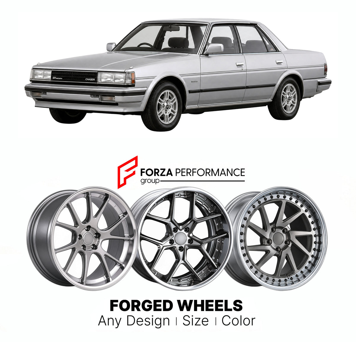 CUSTOM CLASSIC VINTAGE RESTOMOD RETRO OLD SCHOOL FORGED WHEELS RIMS for TOYOTA CHASER X70 1984 - 1988

Custom forged wheels for Toyota Chaser X70 1984 - 1988. Classic, vintage, restomod and retro JDM wheel designs made to order in custom sizes, offsets, colors and finishes with guaranteed fitment.

We manufacture premium quality forged wheels rims for Toyota Chaser X70 1984 - 1988 in any design, size, color.

JDM WHEEL DESIGNS: our Japanese collection for sedans and wagons includes designs inspired by Weds 