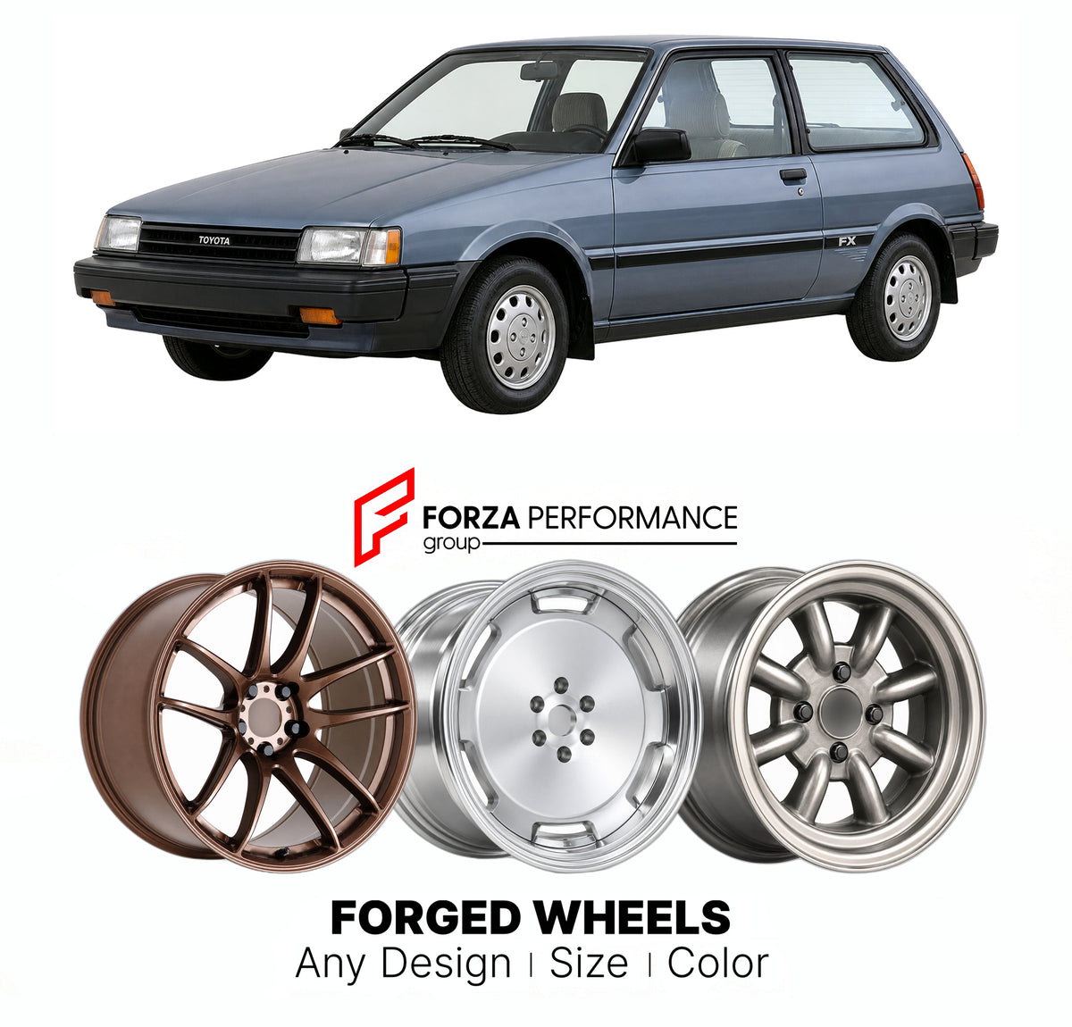 CUSTOM CLASSIC VINTAGE RESTOMOD RETRO OLD SCHOOL FORGED WHEELS RIMS for TOYOTA COROLLA FX E80 1984 - 1987

Custom forged wheels for Toyota Corolla FX E80 1984 - 1987. Classic, vintage, restomod and retro JDM wheel designs made to order in custom sizes, offsets, colors and finishes with guaranteed fitment.

We manufacture premium quality forged wheels rims for Toyota Corolla FX E80 1984 - 1987 in any design, size, color.

JDM WHEEL DESIGNS: our Japanese collection for hatchbacks, kei cars and MPVs includes d
