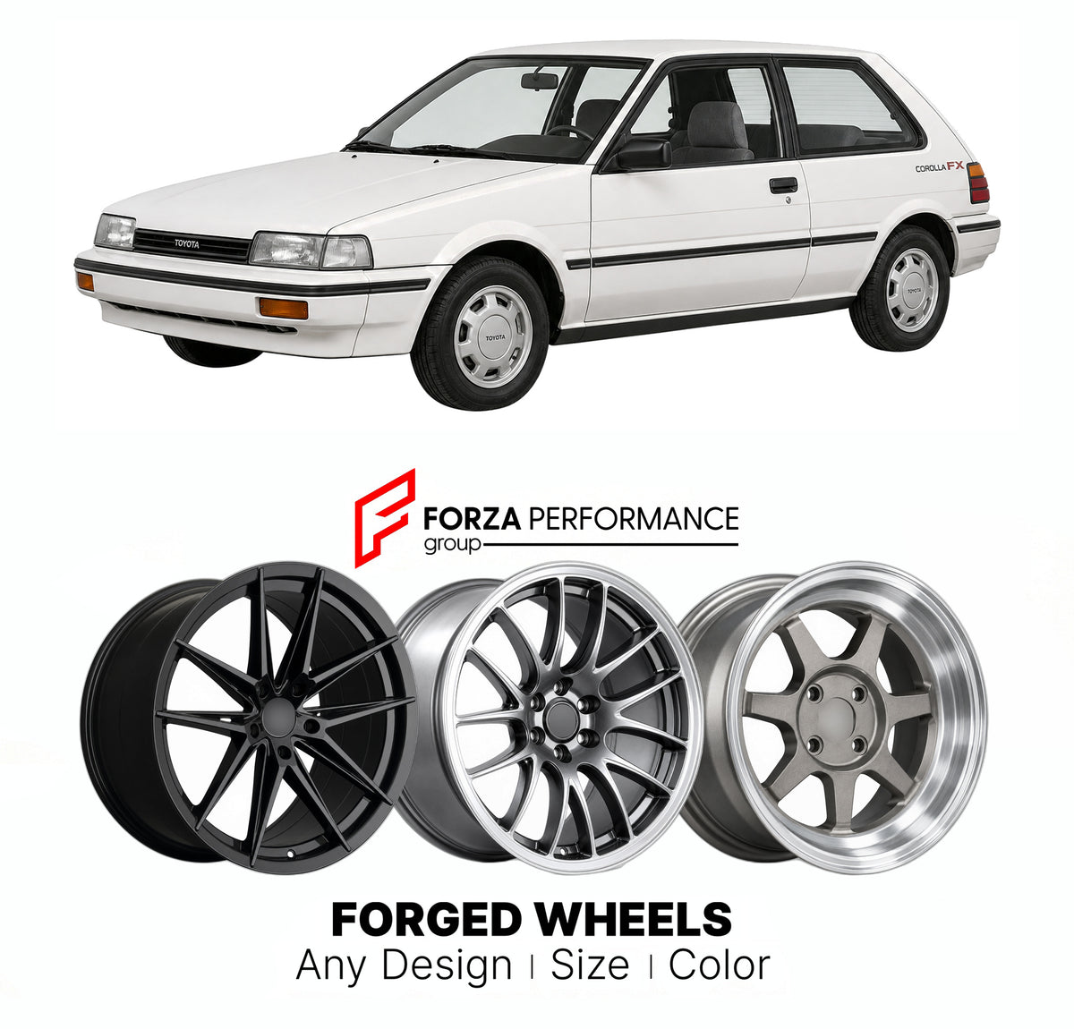 CUSTOM CLASSIC VINTAGE RESTOMOD RETRO OLD SCHOOL FORGED WHEELS RIMS for TOYOTA COROLLA FX E90 1987 - 1992

Custom forged wheels for Toyota Corolla FX E90 1987 - 1992. Classic, vintage, restomod and retro JDM wheel designs made to order in custom sizes, offsets, colors and finishes with guaranteed fitment.

We manufacture premium quality forged wheels rims for Toyota Corolla FX E90 1987 - 1992 in any design, size, color.

JDM WHEEL DESIGNS: our Japanese collection for hatchbacks, kei cars and MPVs includes d