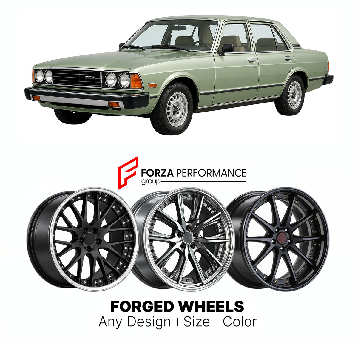 CUSTOM CLASSIC VINTAGE RESTOMOD RETRO OLD SCHOOL FORGED WHEELS RIMS for TOYOTA CRESSIDA X30 X40 1976 - 1980

Custom forged wheels for Toyota Cressida X30 X40 1976 - 1980. Classic, vintage, restomod and retro JDM wheel designs made to order in custom sizes, offsets, colors and finishes with guaranteed fitment.

We manufacture premium quality forged wheels rims for Toyota Cressida X30 X40 1976 - 1980 in any design, size, color.

JDM WHEEL DESIGNS: our Japanese collection for sedans and wagons includes designs