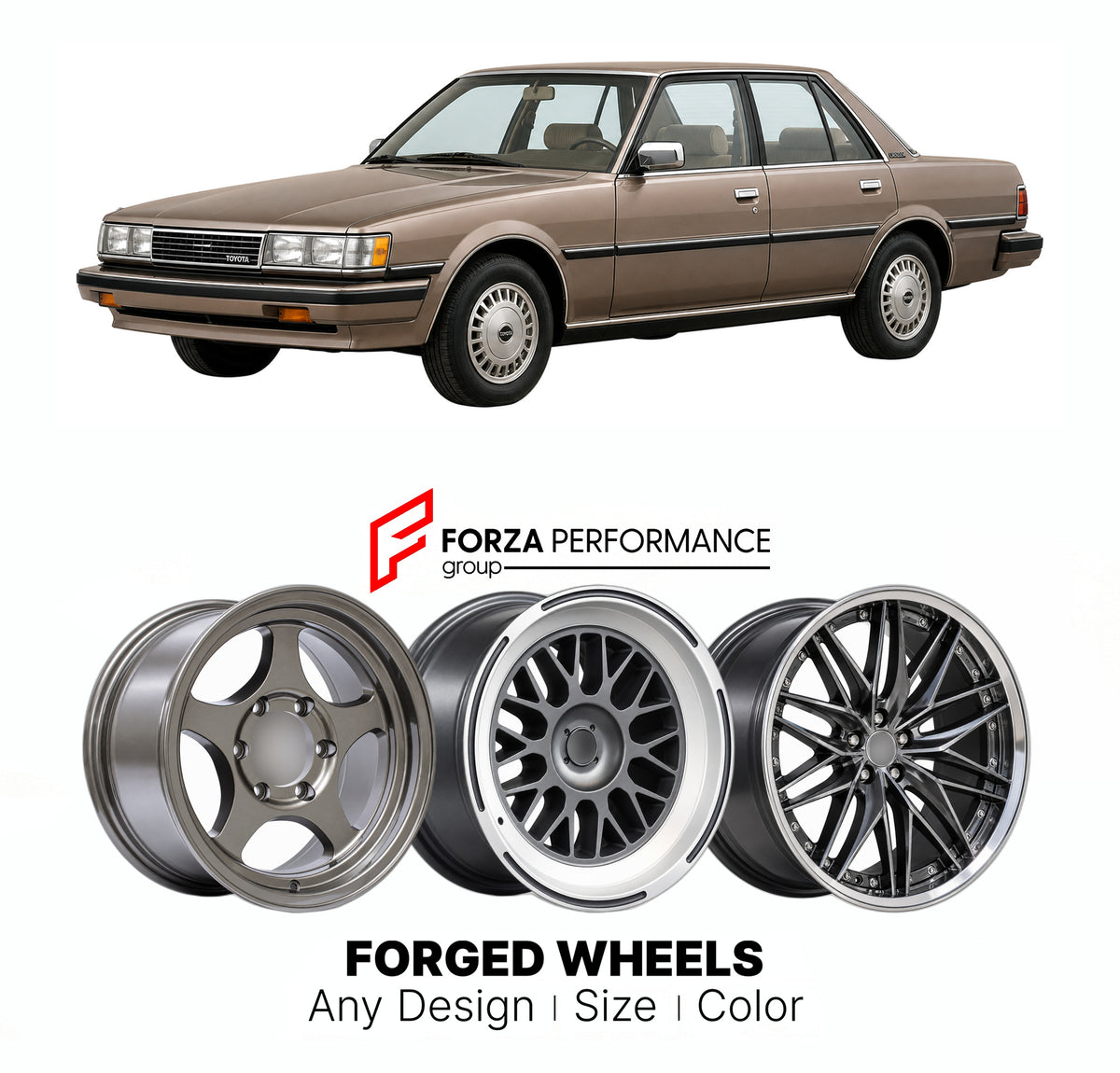 CUSTOM CLASSIC VINTAGE RESTOMOD RETRO OLD SCHOOL FORGED WHEELS RIMS for TOYOTA CRESSIDA X70 1984 - 1988

Custom forged wheels for Toyota Cressida X70 1984 - 1988. Classic, vintage, restomod and retro JDM wheel designs made to order in custom sizes, offsets, colors and finishes with guaranteed fitment.

We manufacture premium quality forged wheels rims for Toyota Cressida X70 1984 - 1988 in any design, size, color.

JDM WHEEL DESIGNS: our Japanese collection for sedans and wagons includes designs inspired by
