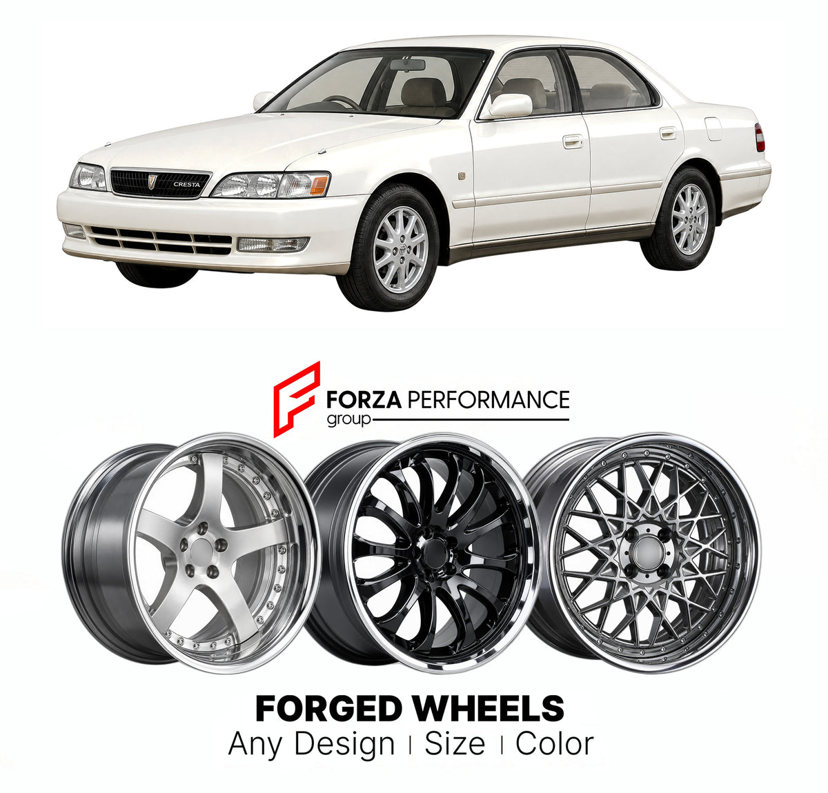 CUSTOM CLASSIC VINTAGE RESTOMOD RETRO OLD SCHOOL FORGED WHEELS RIMS for TOYOTA CRESTA X90 1992 - 1996

Custom forged wheels for Toyota Cresta X90 1992 - 1996. Classic, vintage, restomod and retro JDM wheel designs made to order in custom sizes, offsets, colors and finishes with guaranteed fitment.

We manufacture premium quality forged wheels rims for Toyota Cresta X90 1992 - 1996 in any design, size, color.

JDM WHEEL DESIGNS: our Japanese collection for sedans and wagons includes designs inspired by Weds 