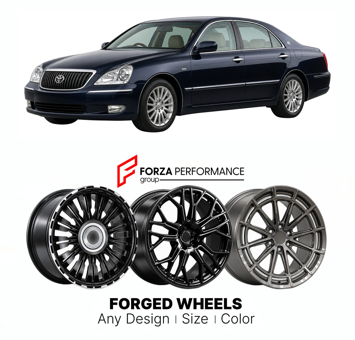 FORGED WHEELS RIMS for TOYOTA CROWN MAJESTA S180 2004 - 2009

Custom forged wheels for Toyota Crown Majesta S180 2004 - 2009. Made-to-order monoblock, 2-piece and 3-piece rims in custom sizes, offsets, colors and finishes with guaranteed fitment.

We manufacture premium quality forged wheels rims for Toyota Crown Majesta S180 2004 - 2009 in any design, size, color.

JDM WHEEL DESIGNS: our Japanese collection for sedans and wagons includes designs inspired by Weds Kranze, Wald, Leon Hardiritt, Vossen, Kuhl R