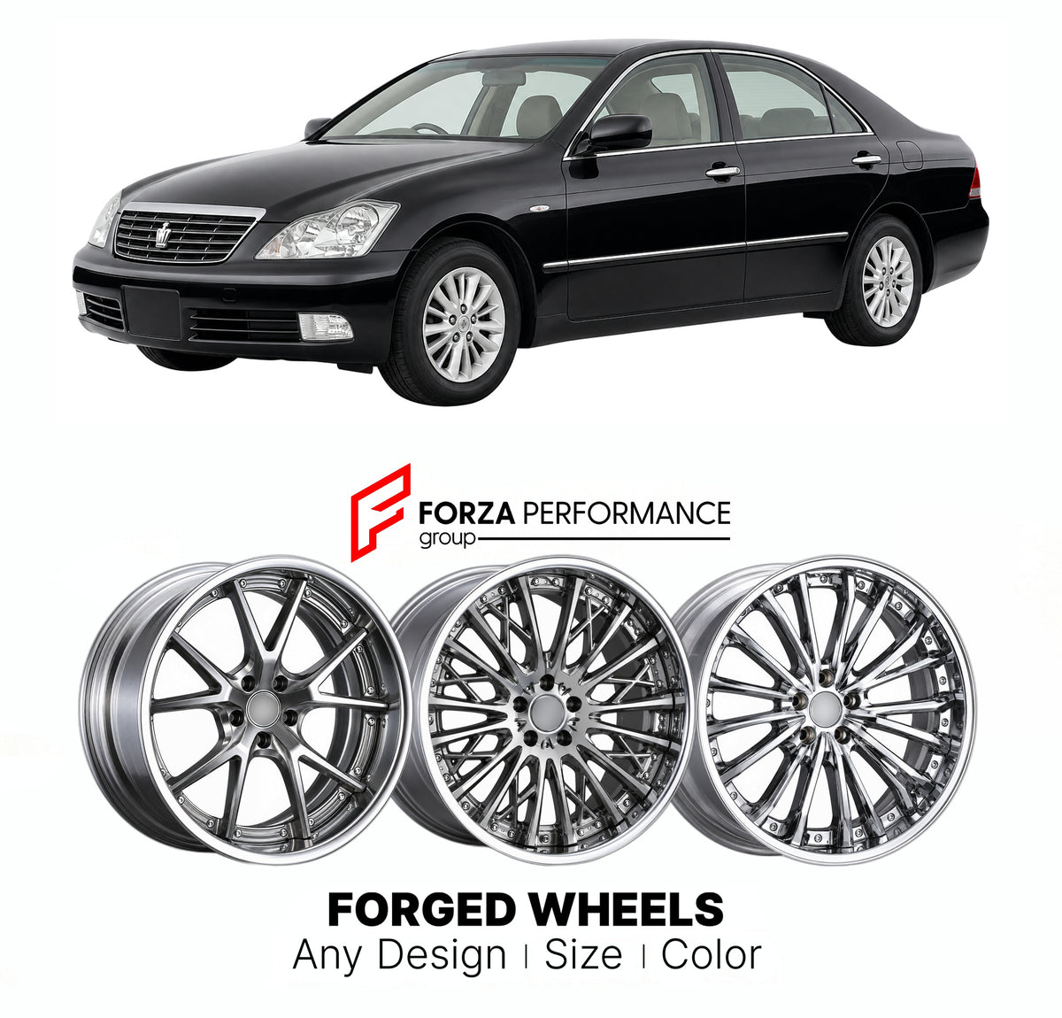 FORGED WHEELS RIMS for TOYOTA CROWN S180 2003 - 2008

Custom forged wheels for Toyota Crown S180 2003 - 2008. Made-to-order monoblock, 2-piece and 3-piece rims in custom sizes, offsets, colors and finishes with guaranteed fitment.

We manufacture premium quality forged wheels rims for Toyota Crown S180 2003 - 2008 in any design, size, color.

JDM WHEEL DESIGNS: our Japanese collection for sedans and wagons includes designs inspired by Weds Kranze, Wald, Leon Hardiritt, Vossen, Kuhl Racing, Aimgain, Work Whe