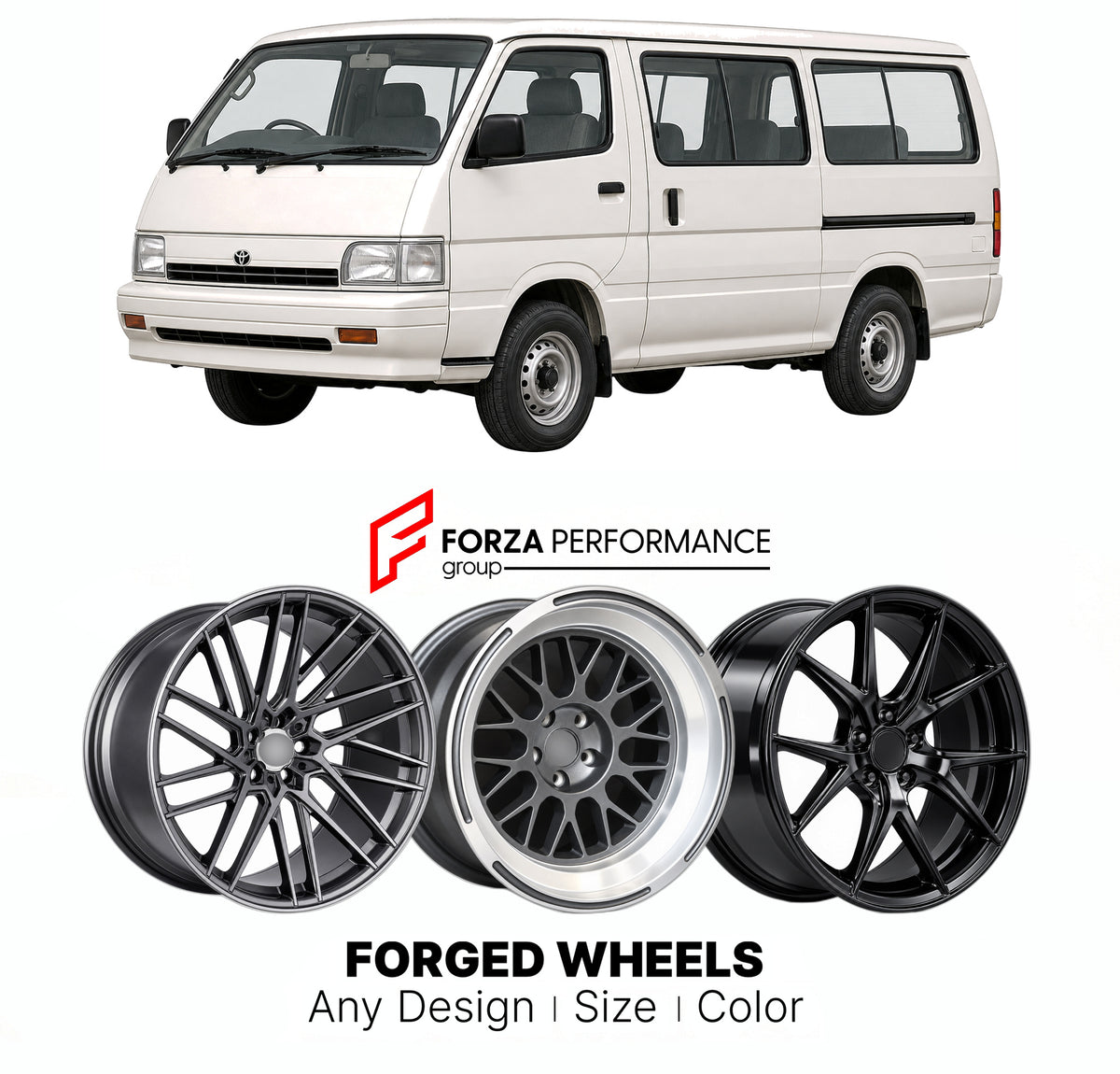 CUSTOM CLASSIC VINTAGE RESTOMOD RETRO OLD SCHOOL FORGED WHEELS RIMS for TOYOTA HIACE H100 1989 - 2004

Custom forged wheels for Toyota HiAce H100 1989 - 2004. Classic, vintage, restomod and retro JDM wheel designs made to order in custom sizes, offsets, colors and finishes with guaranteed fitment.

We manufacture premium quality forged wheels rims for Toyota HiAce H100 1989 - 2004 in any design, size, color.

JDM WHEEL DESIGNS: our Japanese collection for hatchbacks, kei cars and MPVs includes designs inspi