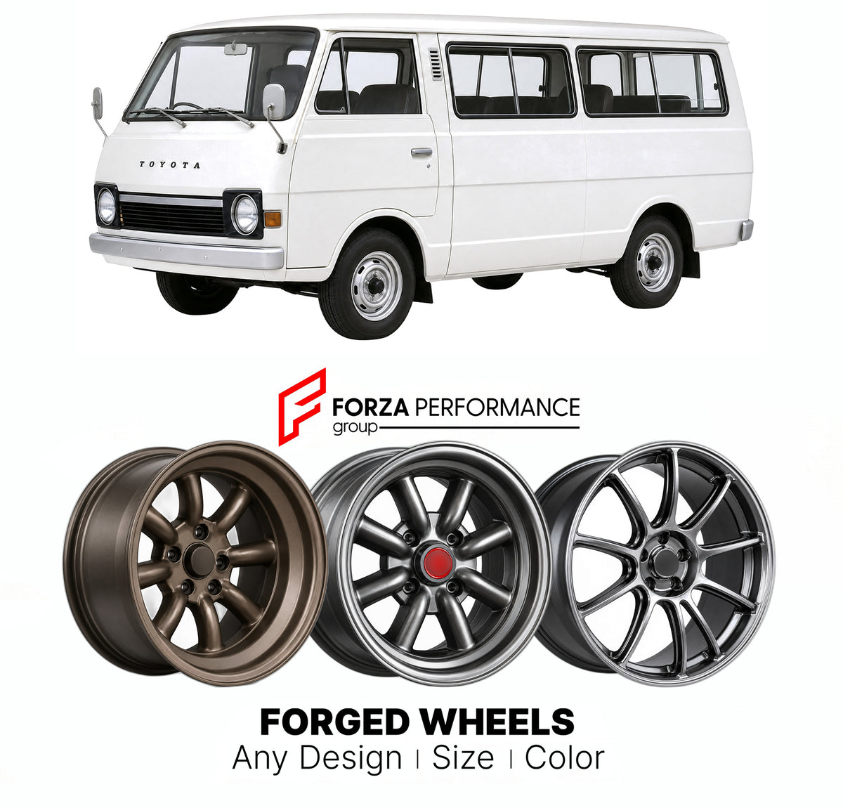 CUSTOM CLASSIC VINTAGE RESTOMOD RETRO OLD SCHOOL FORGED WHEELS RIMS for TOYOTA HIACE H10 1967 - 1977

Custom forged wheels for Toyota HiAce H10 1967 - 1977. Classic, vintage, restomod and retro JDM wheel designs made to order in custom sizes, offsets, colors and finishes with guaranteed fitment.

We manufacture premium quality forged wheels rims for Toyota HiAce H10 1967 - 1977 in any design, size, color.

JDM WHEEL DESIGNS: our Japanese collection for hatchbacks, kei cars and MPVs includes designs inspired