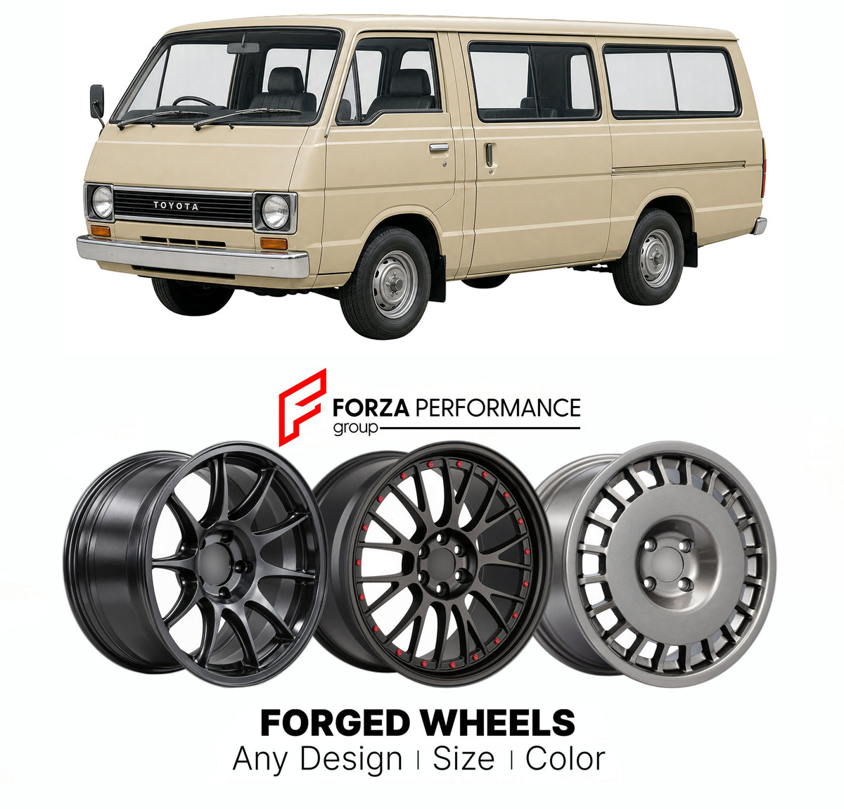 CUSTOM CLASSIC VINTAGE RESTOMOD RETRO OLD SCHOOL FORGED WHEELS RIMS for TOYOTA HIACE H20 H30 H40 1977 - 1982

Custom forged wheels for Toyota HiAce H20 H30 H40 1977 - 1982. Classic, vintage, restomod and retro JDM wheel designs made to order in custom sizes, offsets, colors and finishes with guaranteed fitment.

We manufacture premium quality forged wheels rims for Toyota HiAce H20 H30 H40 1977 - 1982 in any design, size, color.

JDM WHEEL DESIGNS: our Japanese collection for hatchbacks, kei cars and MPVs i