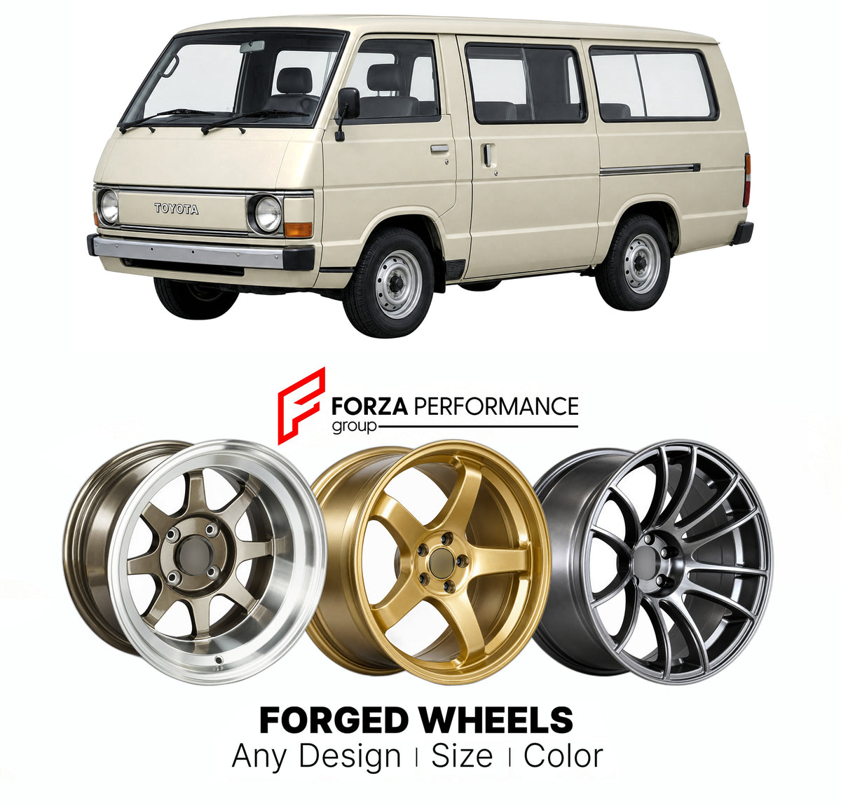 CUSTOM CLASSIC VINTAGE RESTOMOD RETRO OLD SCHOOL FORGED WHEELS RIMS for TOYOTA HIACE H50 H60 H70 1982 - 1989

Custom forged wheels for Toyota HiAce H50 H60 H70 1982 - 1989. Classic, vintage, restomod and retro JDM wheel designs made to order in custom sizes, offsets, colors and finishes with guaranteed fitment.

We manufacture premium quality forged wheels rims for Toyota HiAce H50 H60 H70 1982 - 1989 in any design, size, color.

JDM WHEEL DESIGNS: our Japanese collection for hatchbacks, kei cars and MPVs i