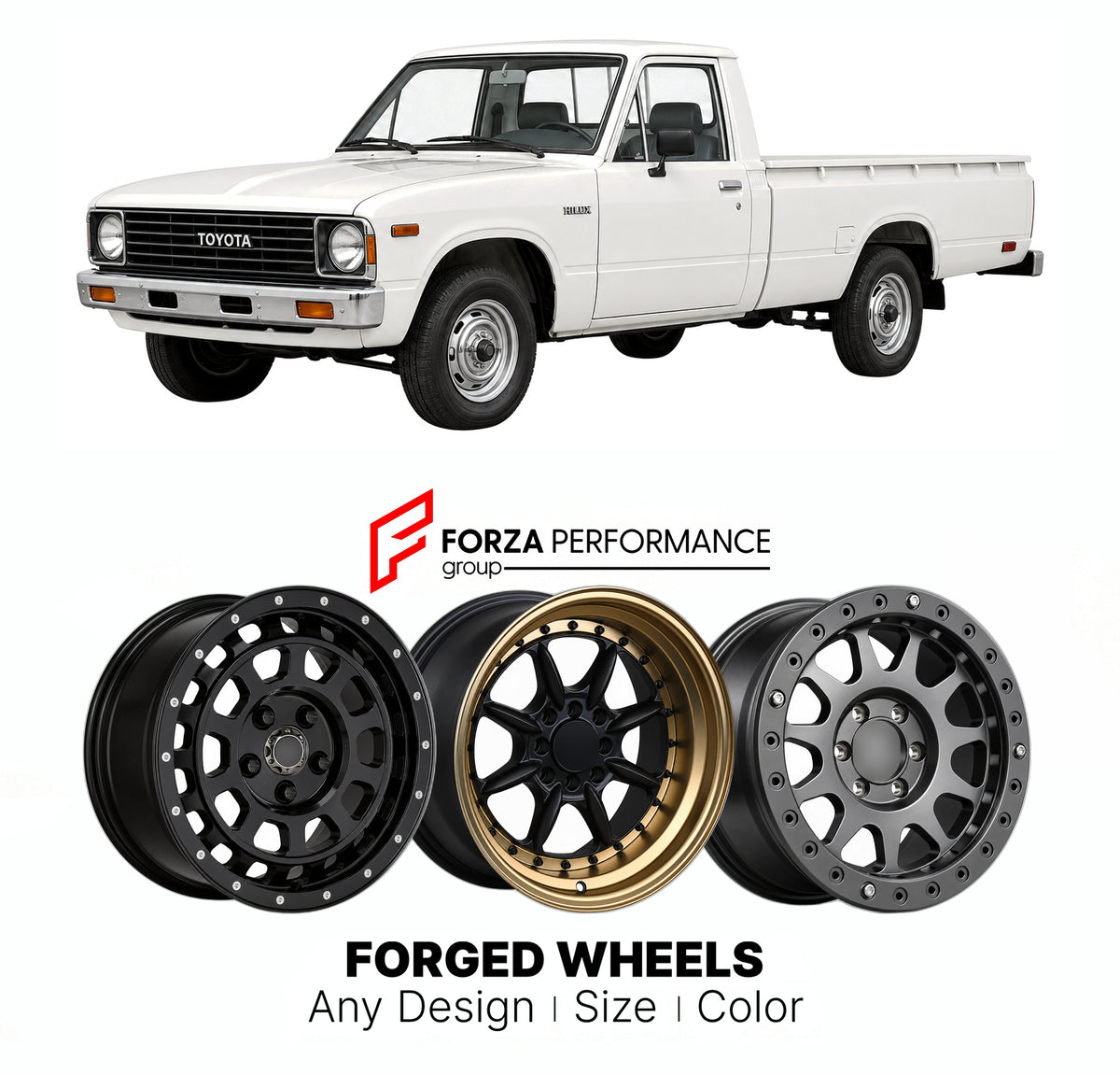 CUSTOM CLASSIC VINTAGE RESTOMOD RETRO OLD SCHOOL FORGED WHEELS RIMS for TOYOTA HILUX N30 N40 1978 - 1983

Custom forged wheels for Toyota Hilux N30 N40 1978 - 1983. Classic, vintage, restomod and retro JDM wheel designs made to order in custom sizes, offsets, colors and finishes with guaranteed fitment.

We manufacture premium quality forged wheels rims for Toyota Hilux N30 N40 1978 - 1983 in any design, size, color.

JDM WHEEL DESIGNS: our Japanese collection for SUVs and pickups includes designs inspired 