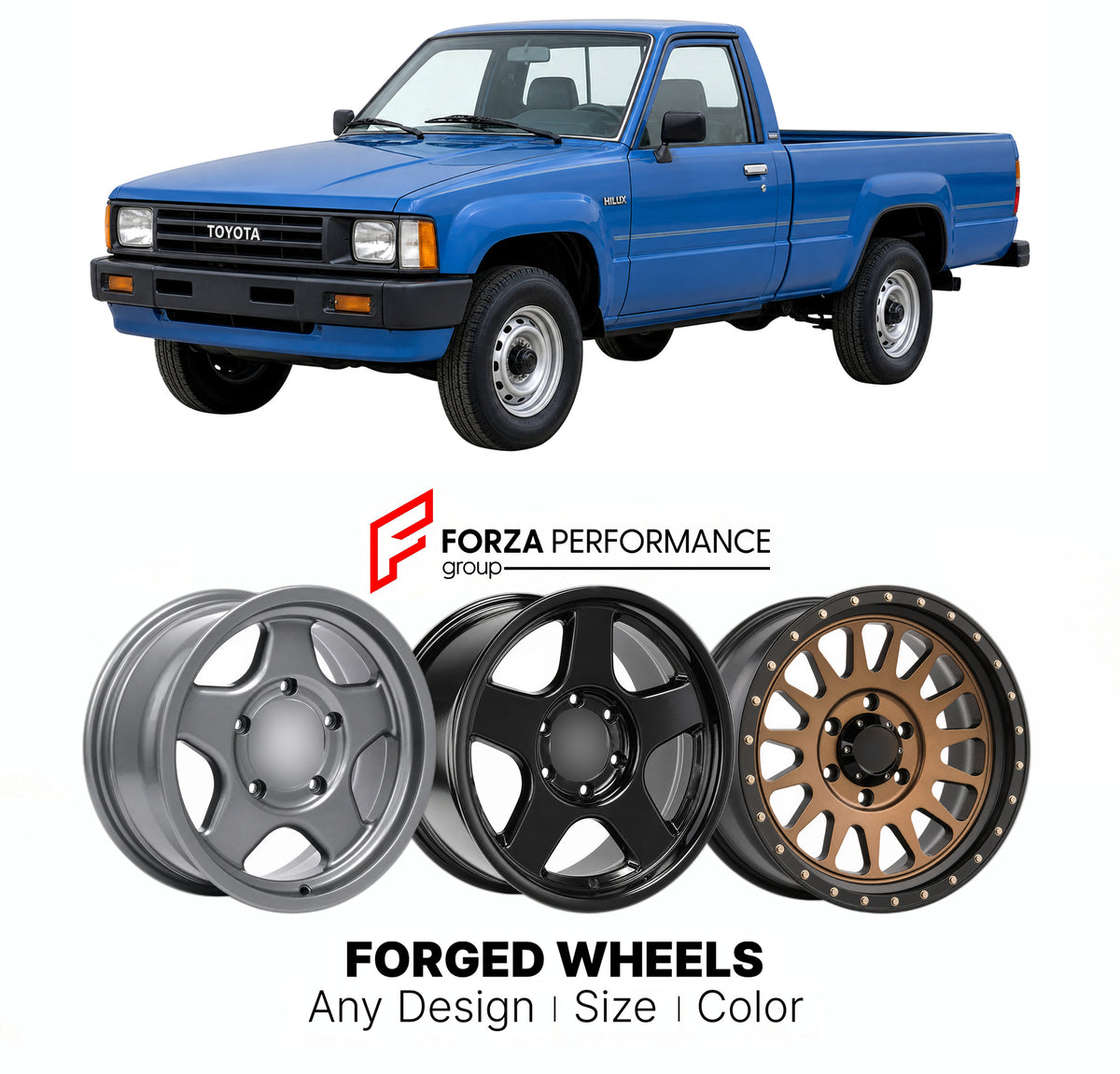 CUSTOM CLASSIC VINTAGE RESTOMOD RETRO OLD SCHOOL FORGED WHEELS RIMS for TOYOTA HILUX N50 N60 N70 1983 - 1988

Custom forged wheels for Toyota Hilux N50 N60 N70 1983 - 1988. Classic, vintage, restomod and retro JDM wheel designs made to order in custom sizes, offsets, colors and finishes with guaranteed fitment.

We manufacture premium quality forged wheels rims for Toyota Hilux N50 N60 N70 1983 - 1988 in any design, size, color.

JDM WHEEL DESIGNS: our Japanese collection for SUVs and pickups includes desig